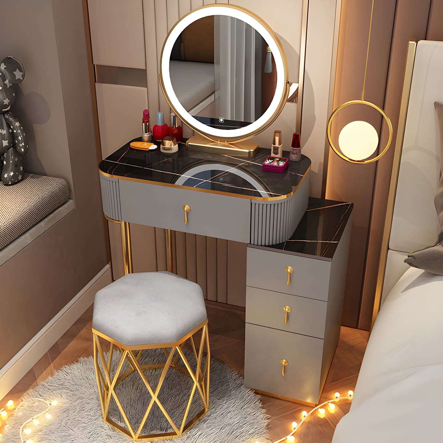 Removable Makeup Counter Bedroom Vanity Dressing Table with Lighted Mirror thumbnail 2