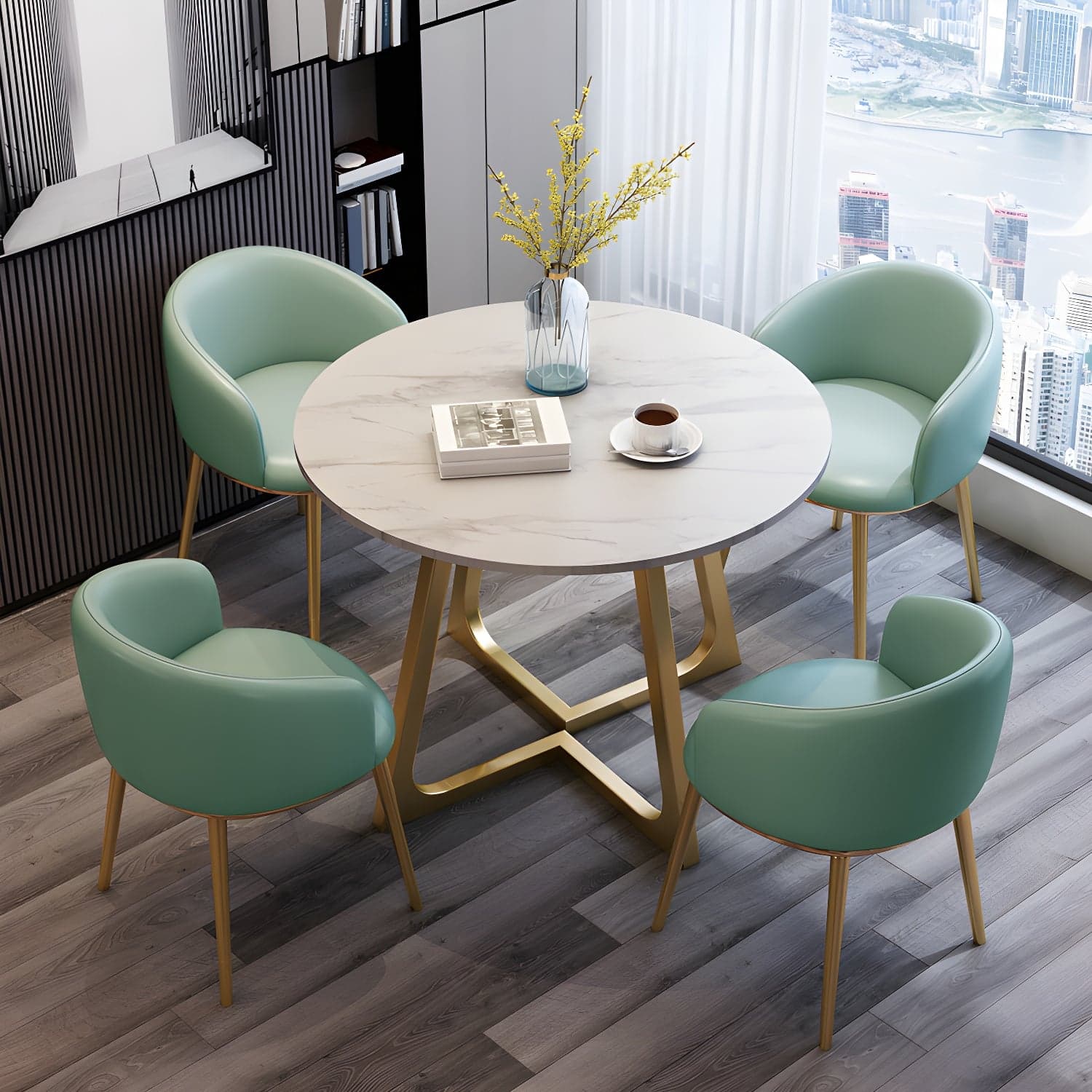 5-Piece Glam Dining Set Round White Table with Gold Metal Base and Upholstered Chairs thumbnail 1