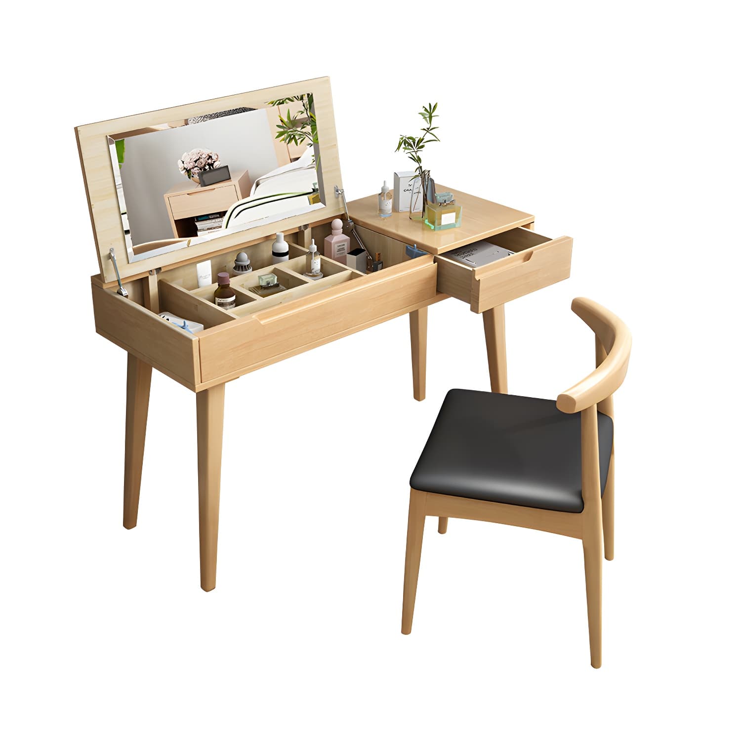 Scandinavian Solid Wood Vanity Makeup Table Set 1 Drawer Flip-Top Dressing Table thumbnail 7