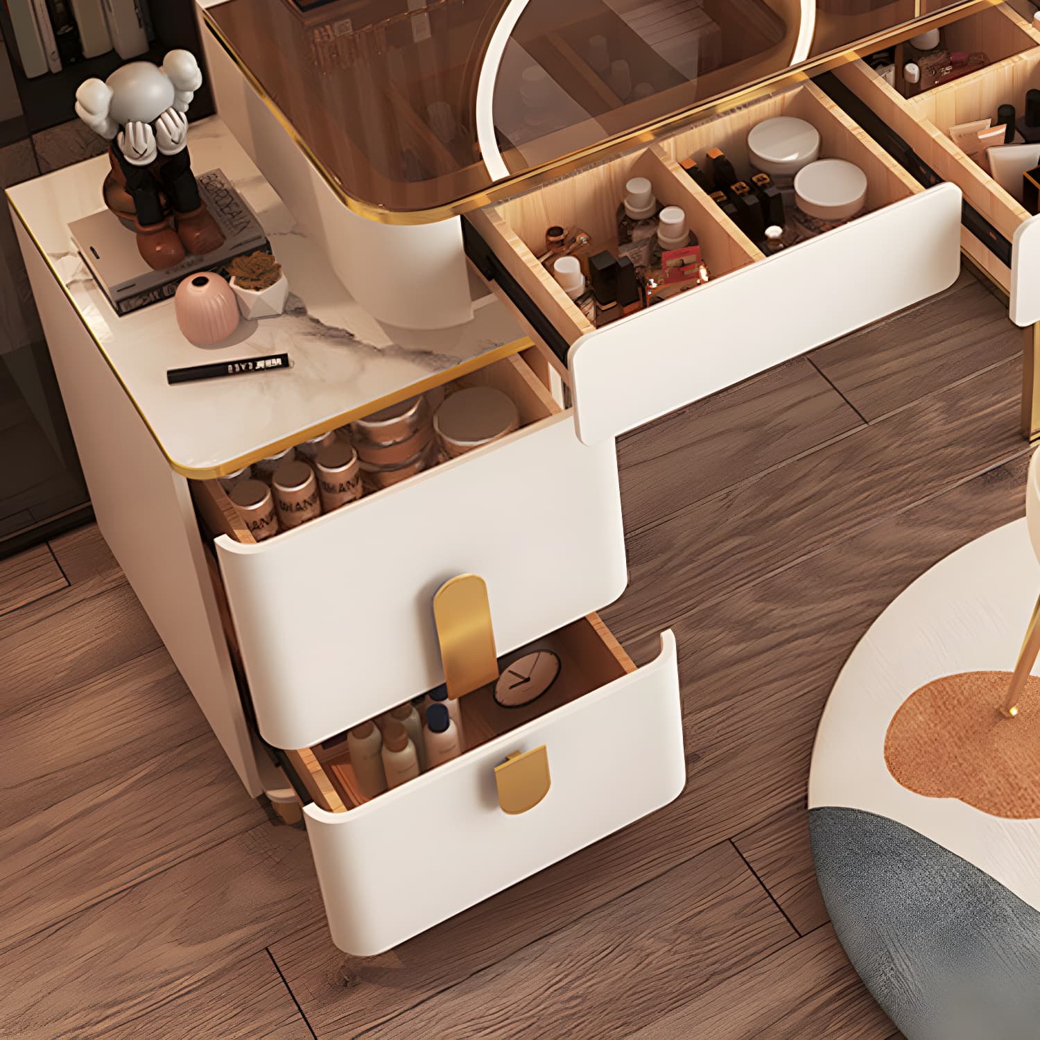 Glass Top Make-up Vanity Wood Dressing Table with Storage Drawers thumbnail 9