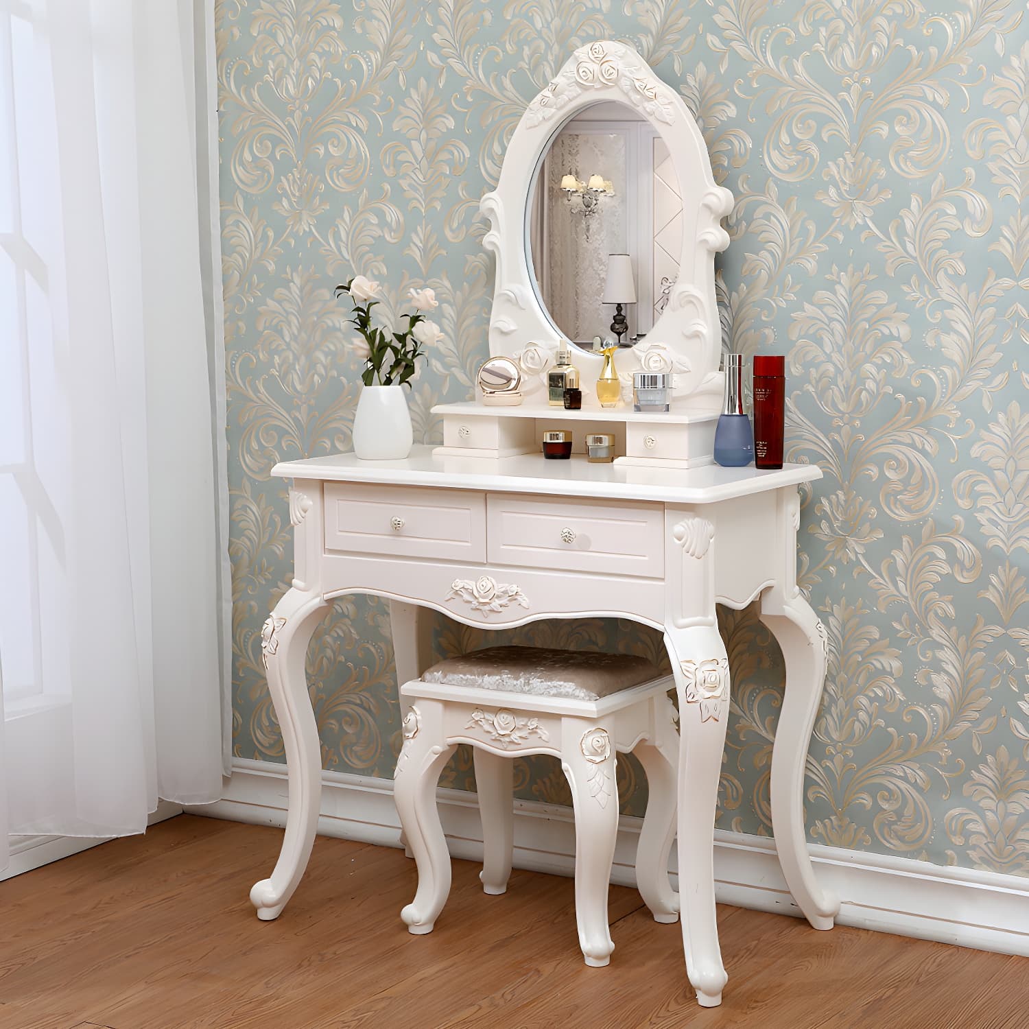 Victorian Bedroom With Drawer Mirror Solid Wood Makeup Vanity Set thumbnail 6