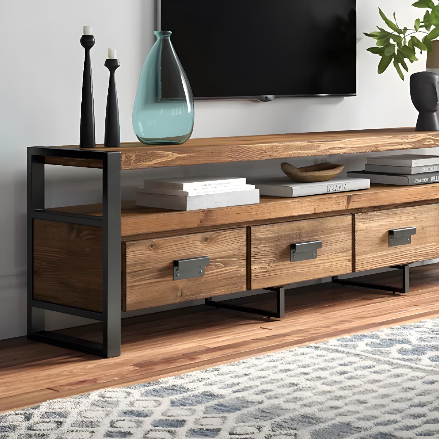Industrial Wood TV Stand Console Open Storage TV Media Stand with Drawers for Living Room thumbnail 7