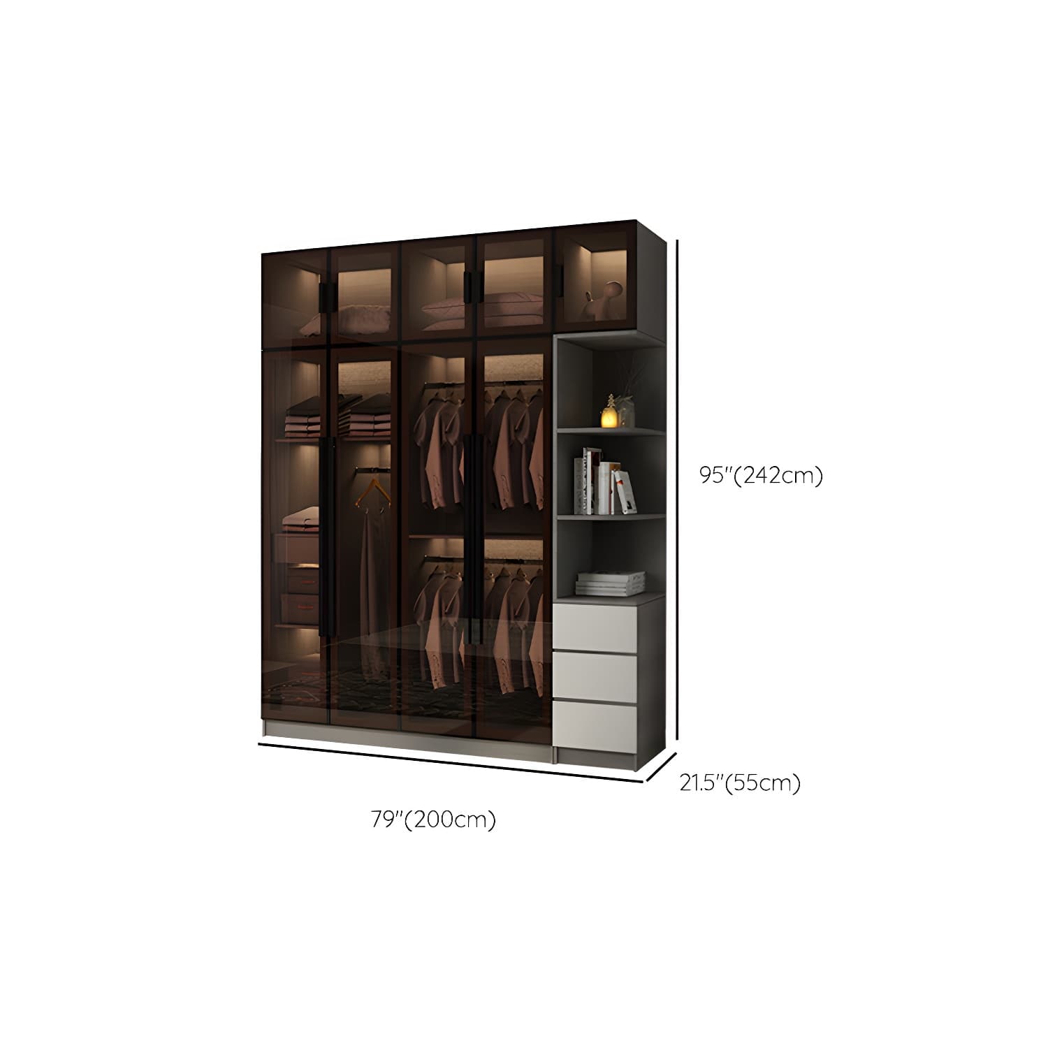 Modern Glass Hinged Doors Wardrobe Armoire Wood Frame Wardrobe with Shelves without Light thumbnail 32