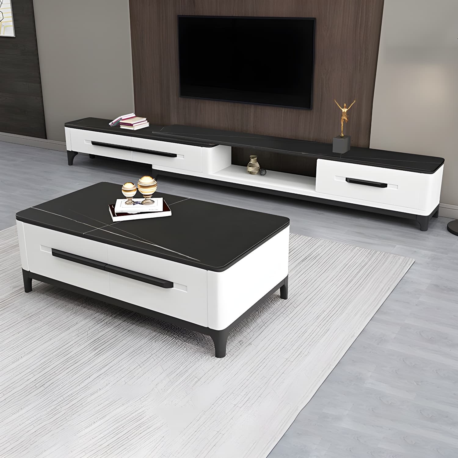 2 Drawers TV Console Modern Stone Media Console with Splayed Wooden Legs thumbnail 5