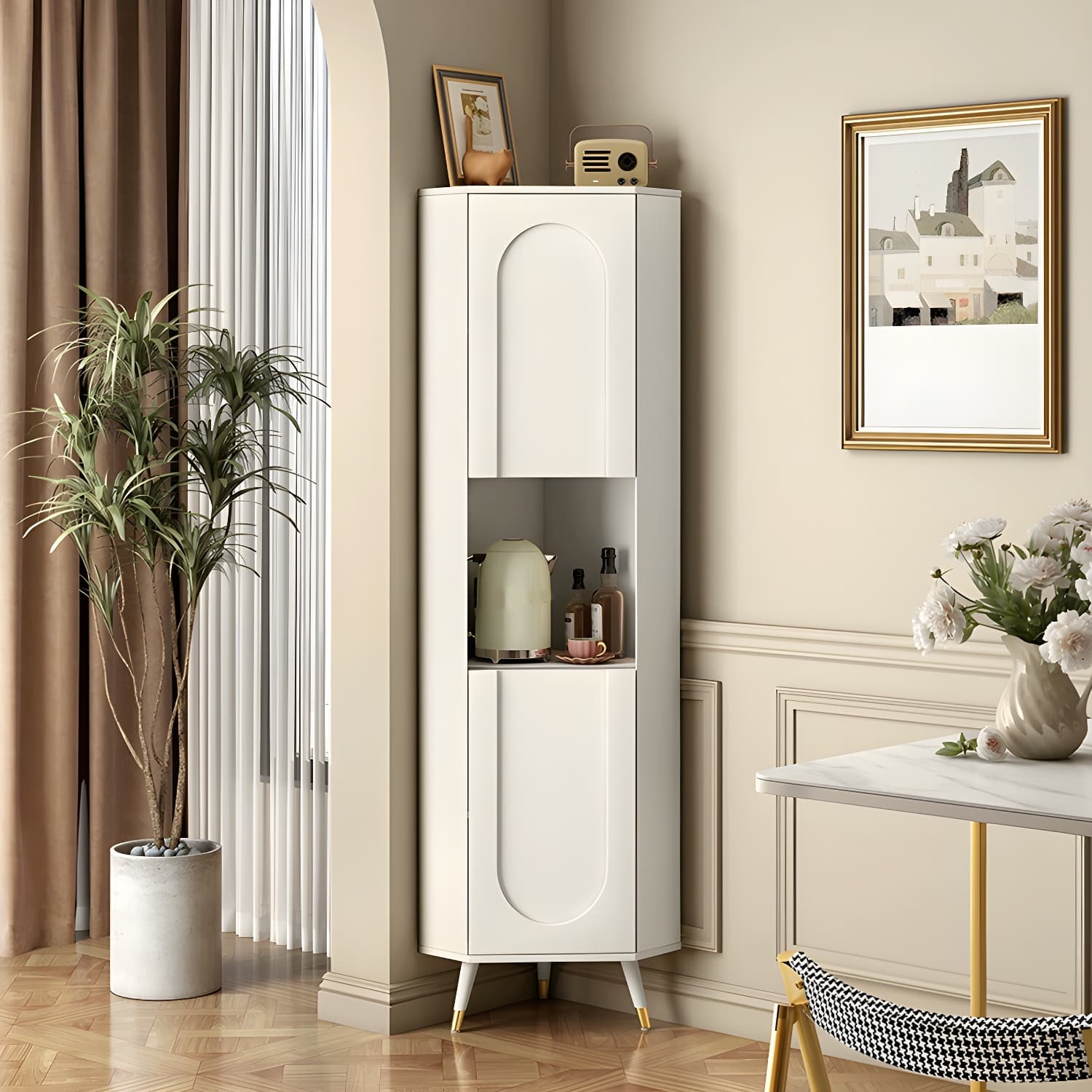 Modern White Corner Accent Cabinet with Stone Counter Top, 2 Cabinets, and 6 Shelves thumbnail 4