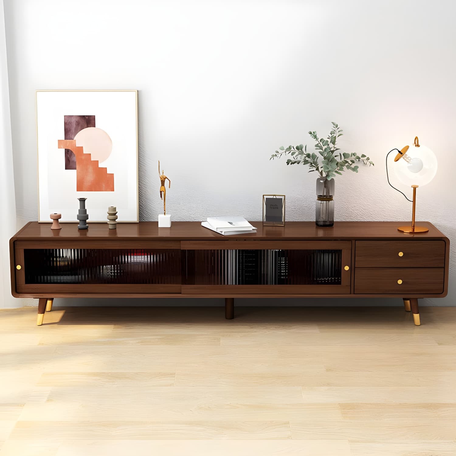 Scandinavian Style Low Height Wood TV Stand With 2 Drawers and Cabinet, Size 15.7'' x 17.7'' thumbnail 3