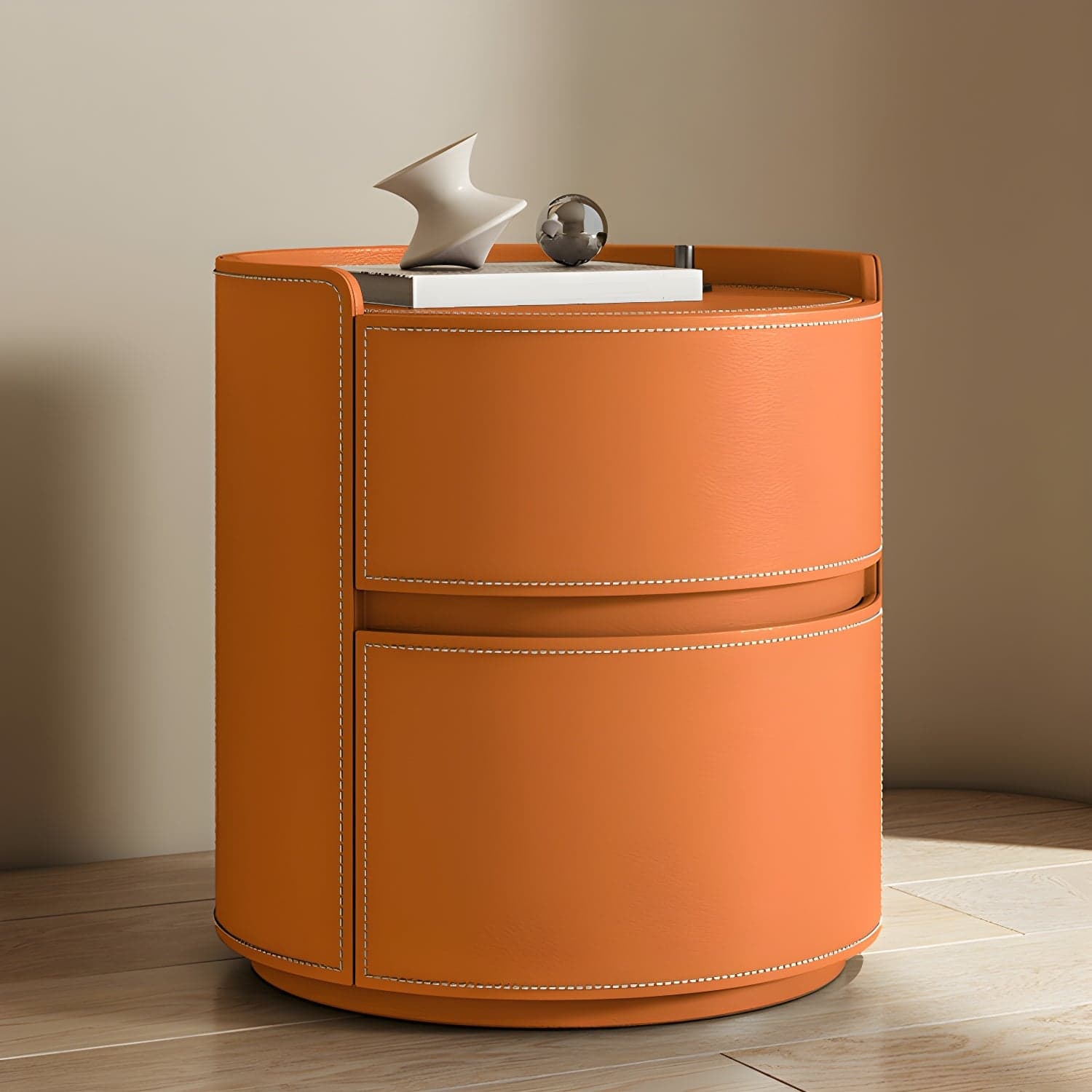 Modern Faux Leather Round Nightstand with 2 Drawers in Under 21 in. Narrow Size thumbnail 7