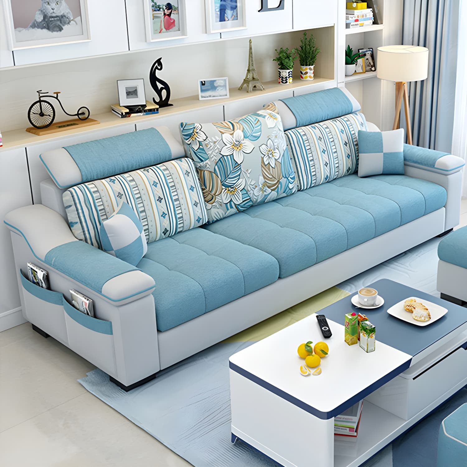 Modern Reversible Straight Sectional Sofa with Ottoman in Linen Upholstery, Sloped Arms thumbnail 12