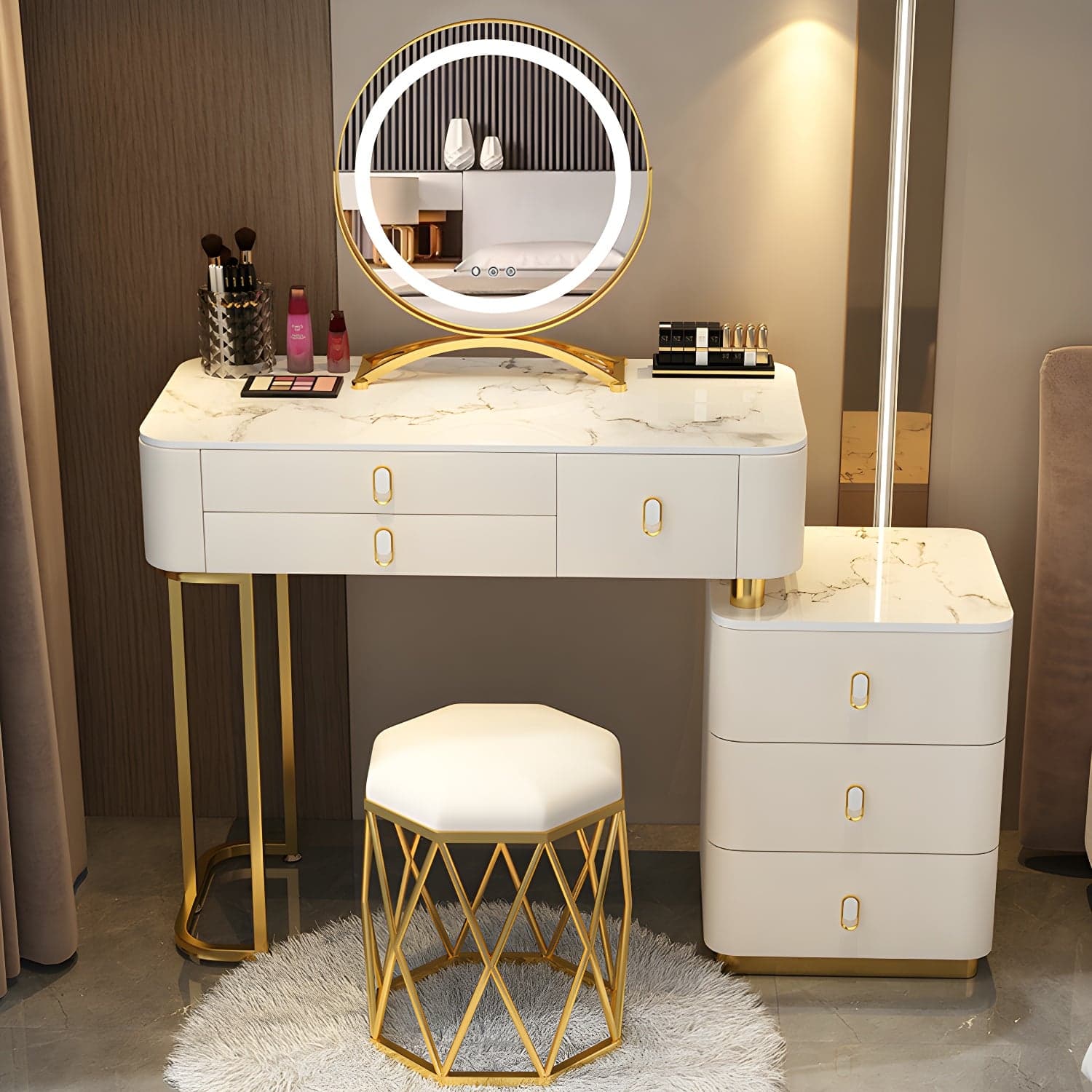 Glam Bedroom Vanity Dressing Table Stone Makeup Vanity Desk with Drawer thumbnail 4