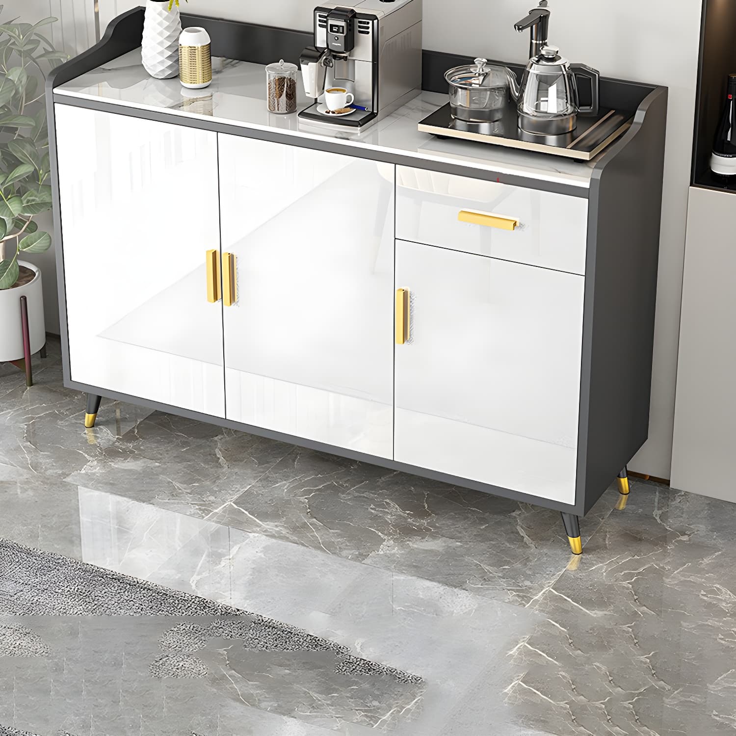 Modern Stone Top Shelves Included Sideboard with White & Grey Manufactured Wood Door - image 8
