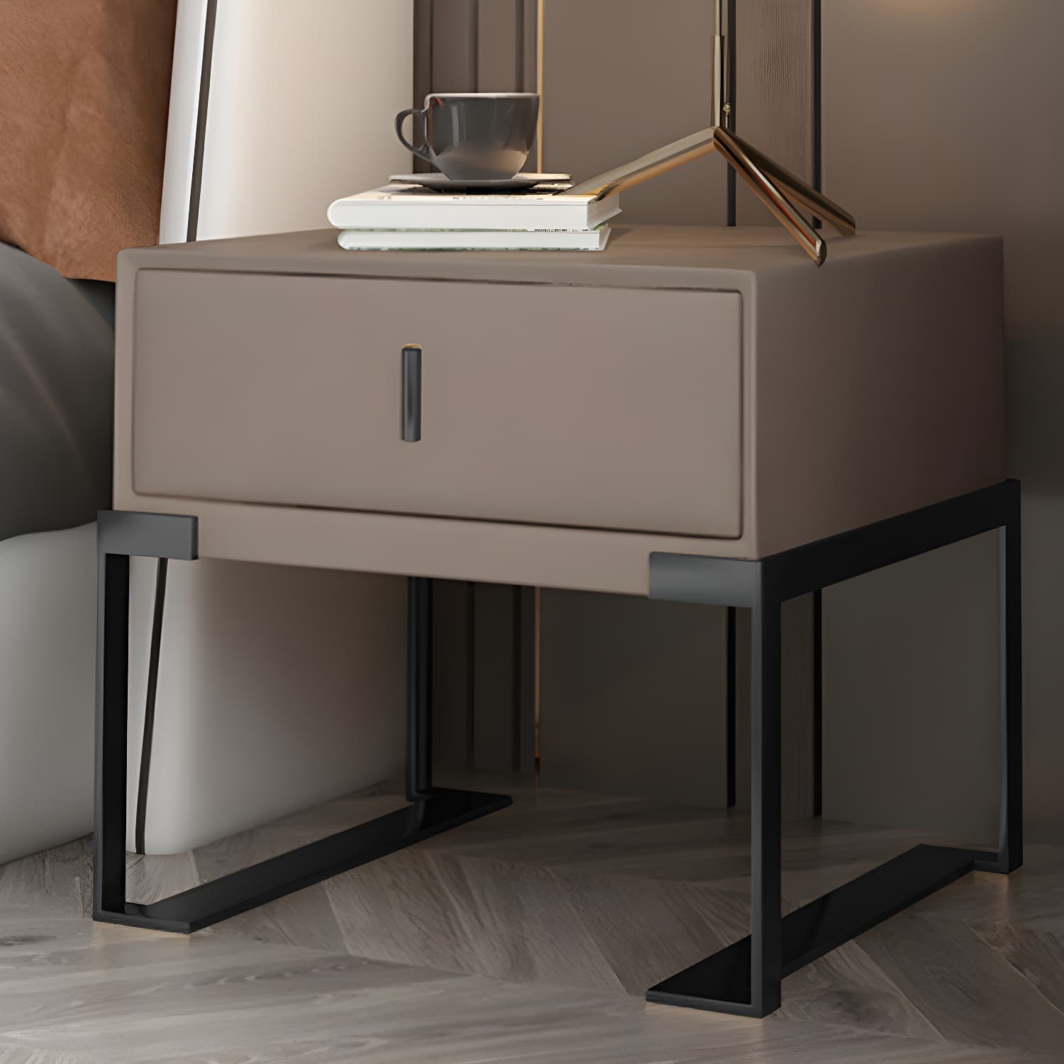 Leather 1 Drawer Nightstand Contemporary Night Table with Metal Legs thumbnail 6