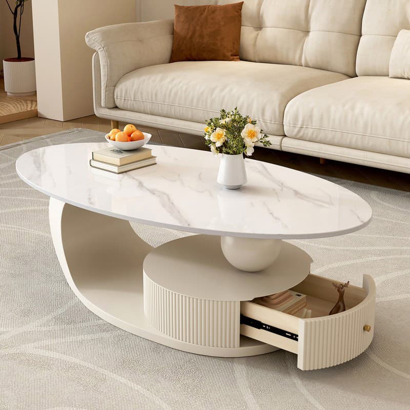 Oval White Stone Modern Coffee Table with Metal Abstract Base thumbnail 6