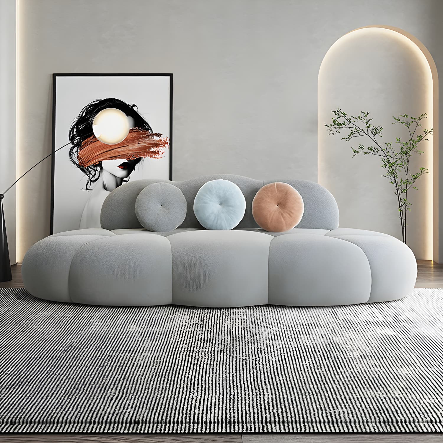 Contemporary Armless Wool Sofa with Tight Back and 3 Pillows thumbnail 6