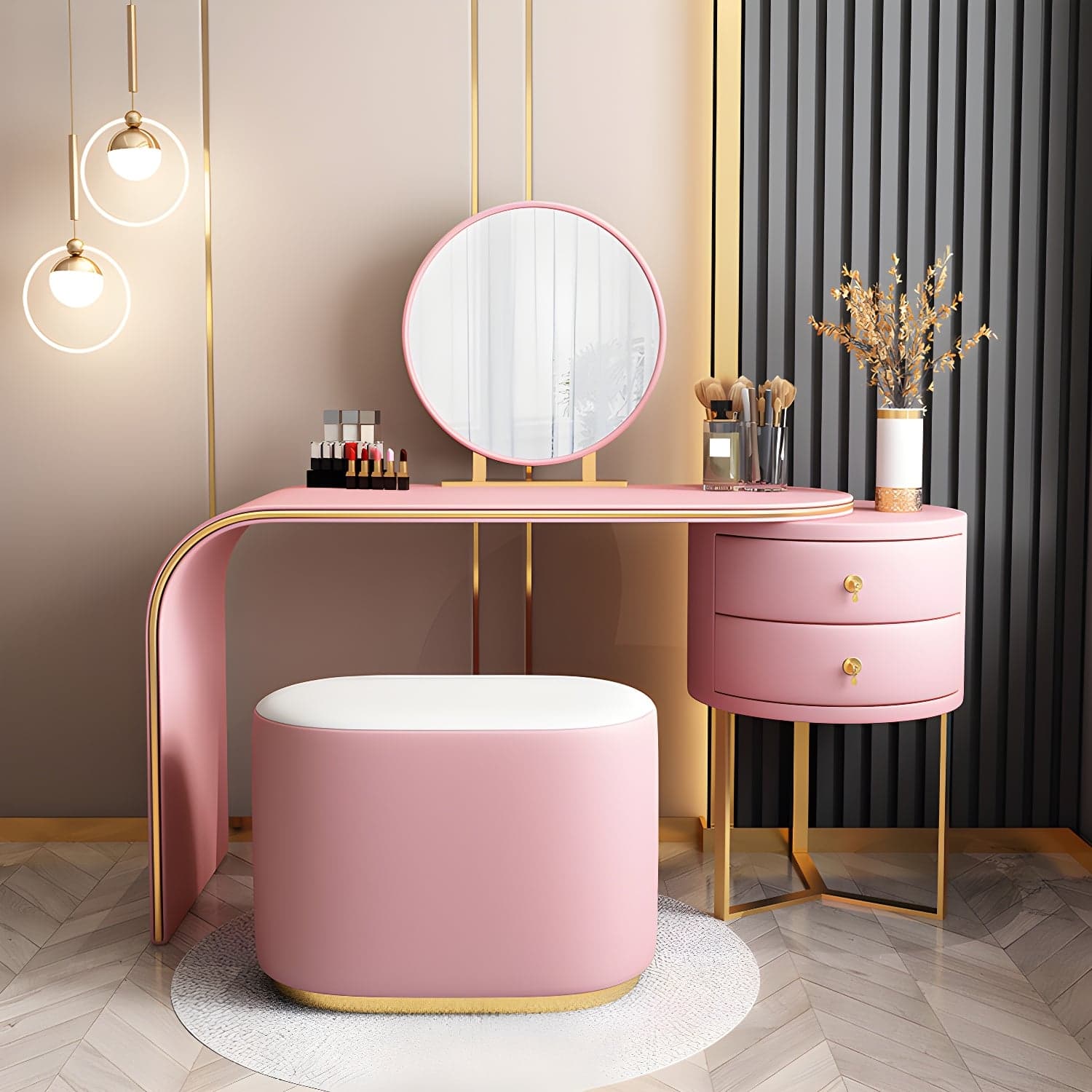 Genuine Leather Makeup Dressing Table with Mirror and Stool Set thumbnail 4