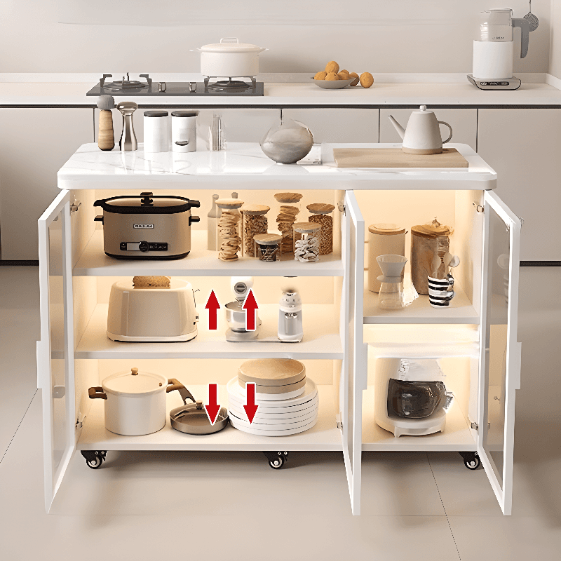 Trendy Sideboard on Caster Wheels with Narrow Stone Countertop, Glazed Door, Adjustable Shelving, and Lighting System thumbnail 5