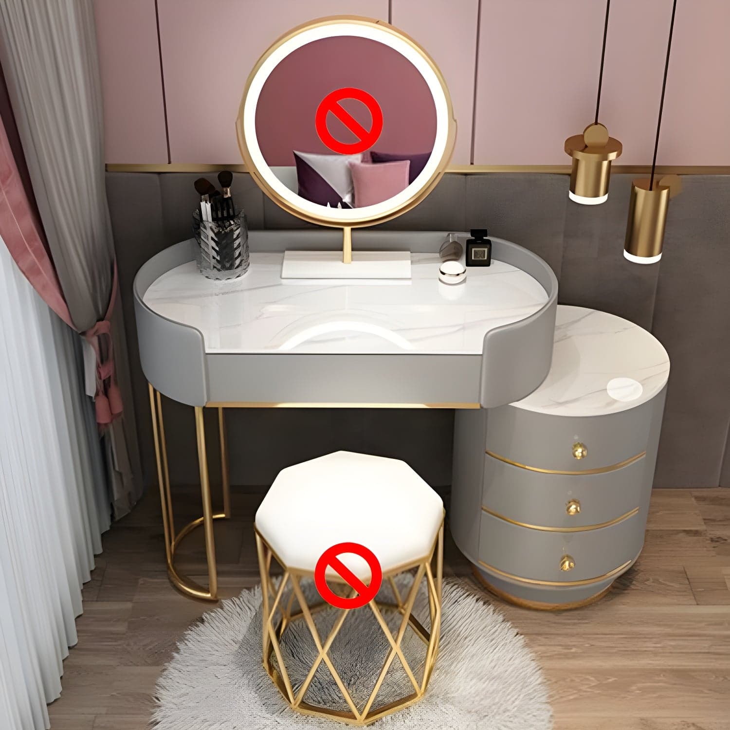 Contemporary Bedroom Metallic Lighted Mirror With Drawer Makeup Vanity Set thumbnail 2