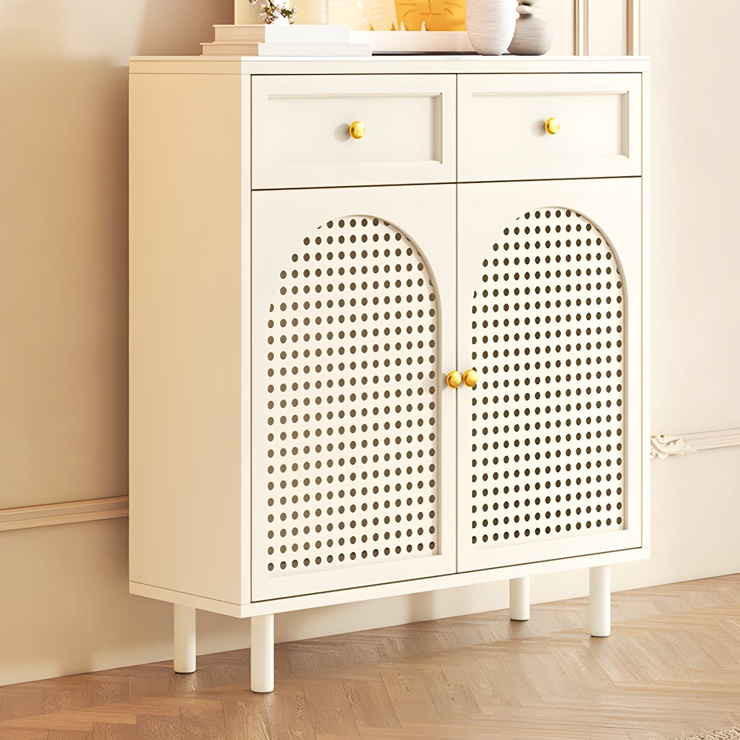 Rustic Wood Buffet Cabinet with Stone Countertop and Adjustable Shelves thumbnail 3