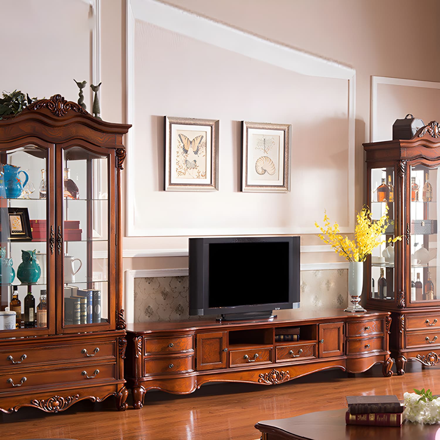 Solid Wood TV Console Traditional Enclosed TV Cabinet with Glide Drawers thumbnail 9