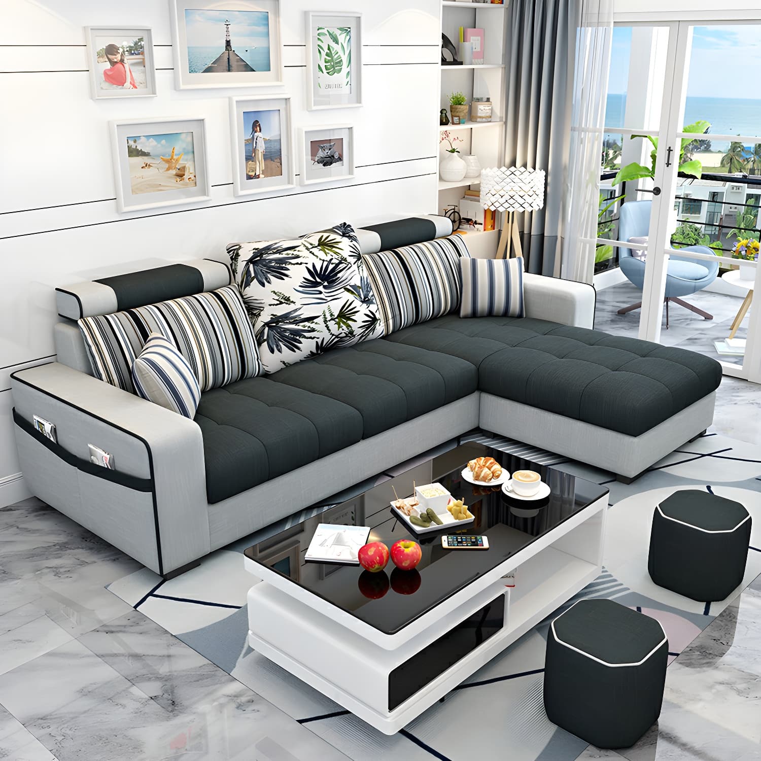 Modern L-Shaped Linen Sectional Sofa with Ottoman and Slipcover, Reversible Design thumbnail 12