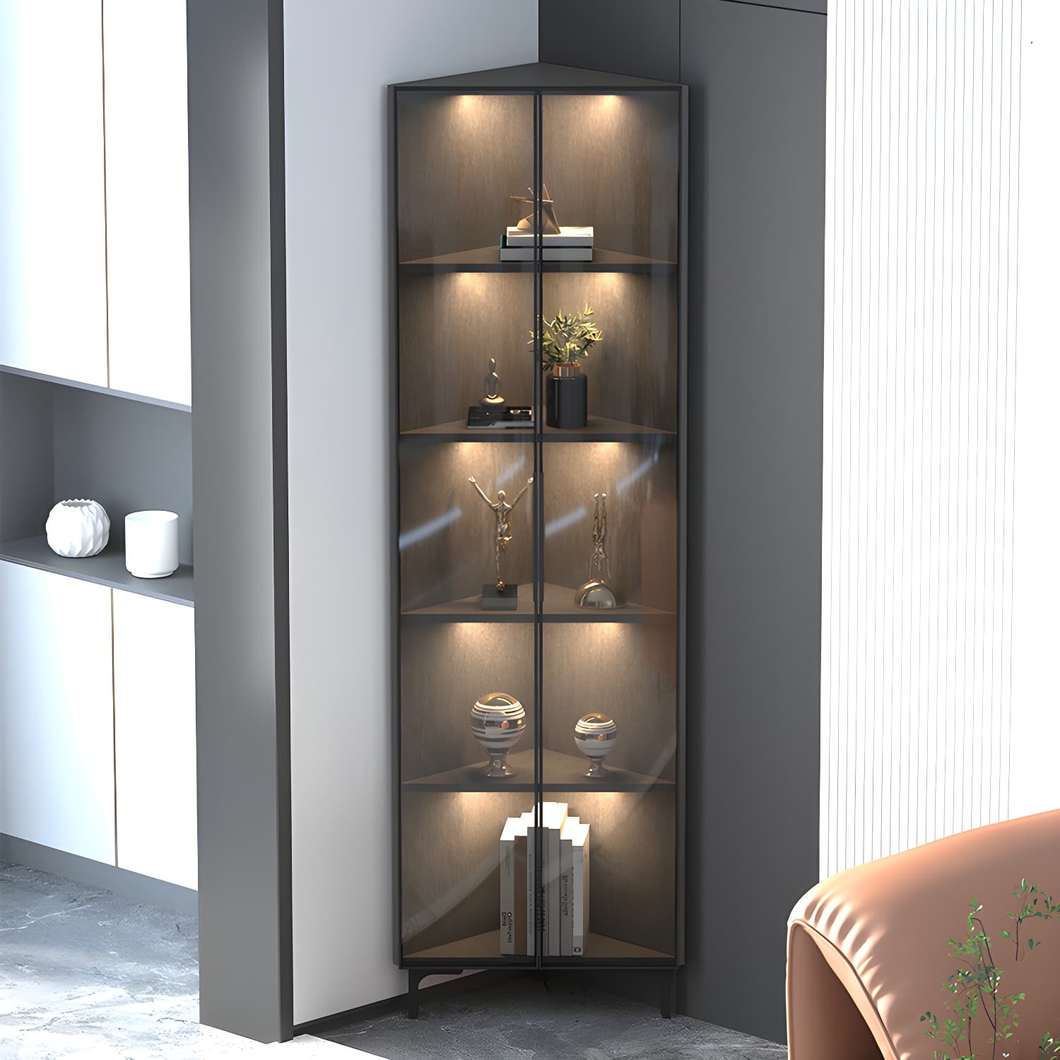Modern Black Corner Accent. Wood Countertop. Glass Doors. Cabinets included thumbnail 3