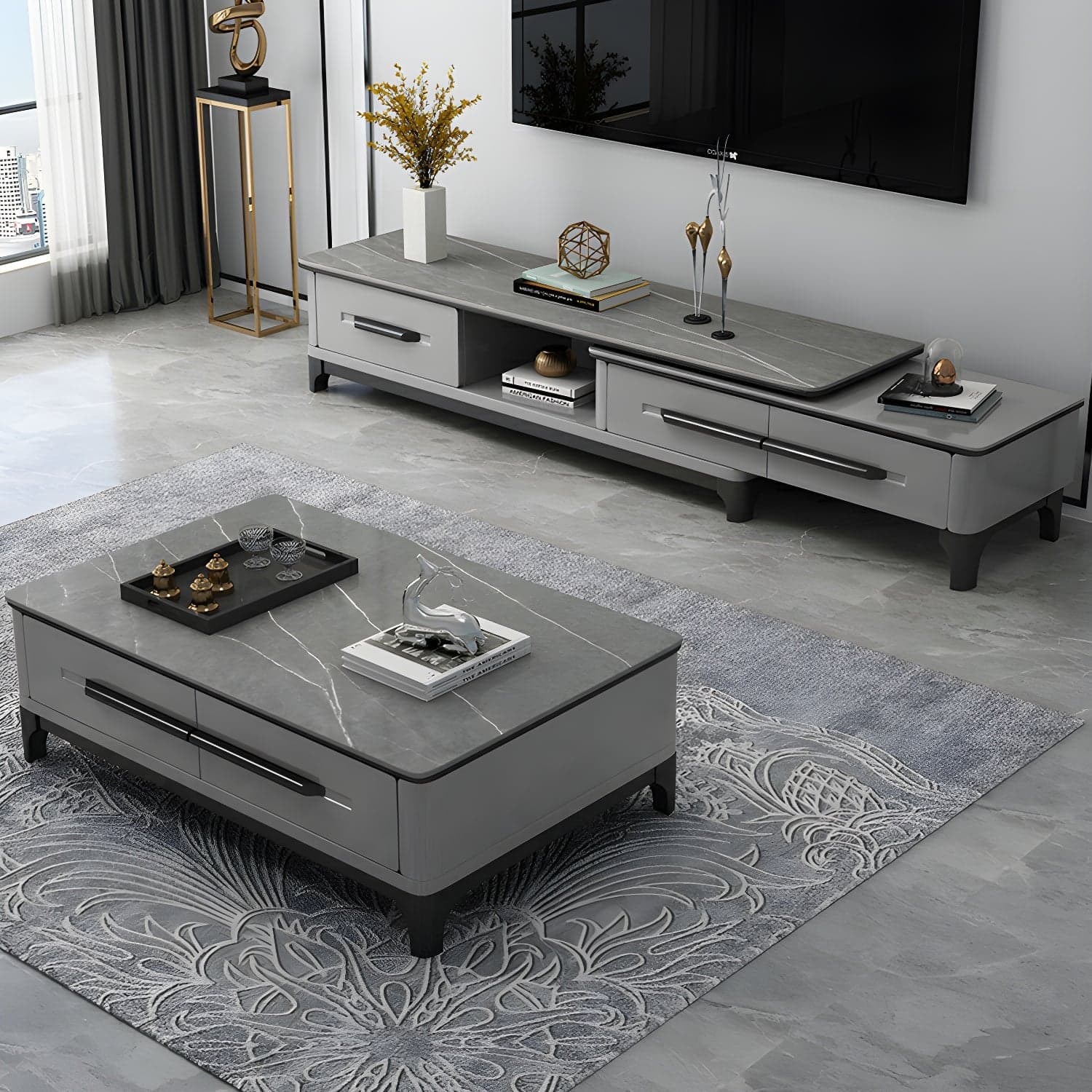 Modern Stone TV Stand with Long Length, Open Storage and Drawers featuring Wood Shelves thumbnail 3