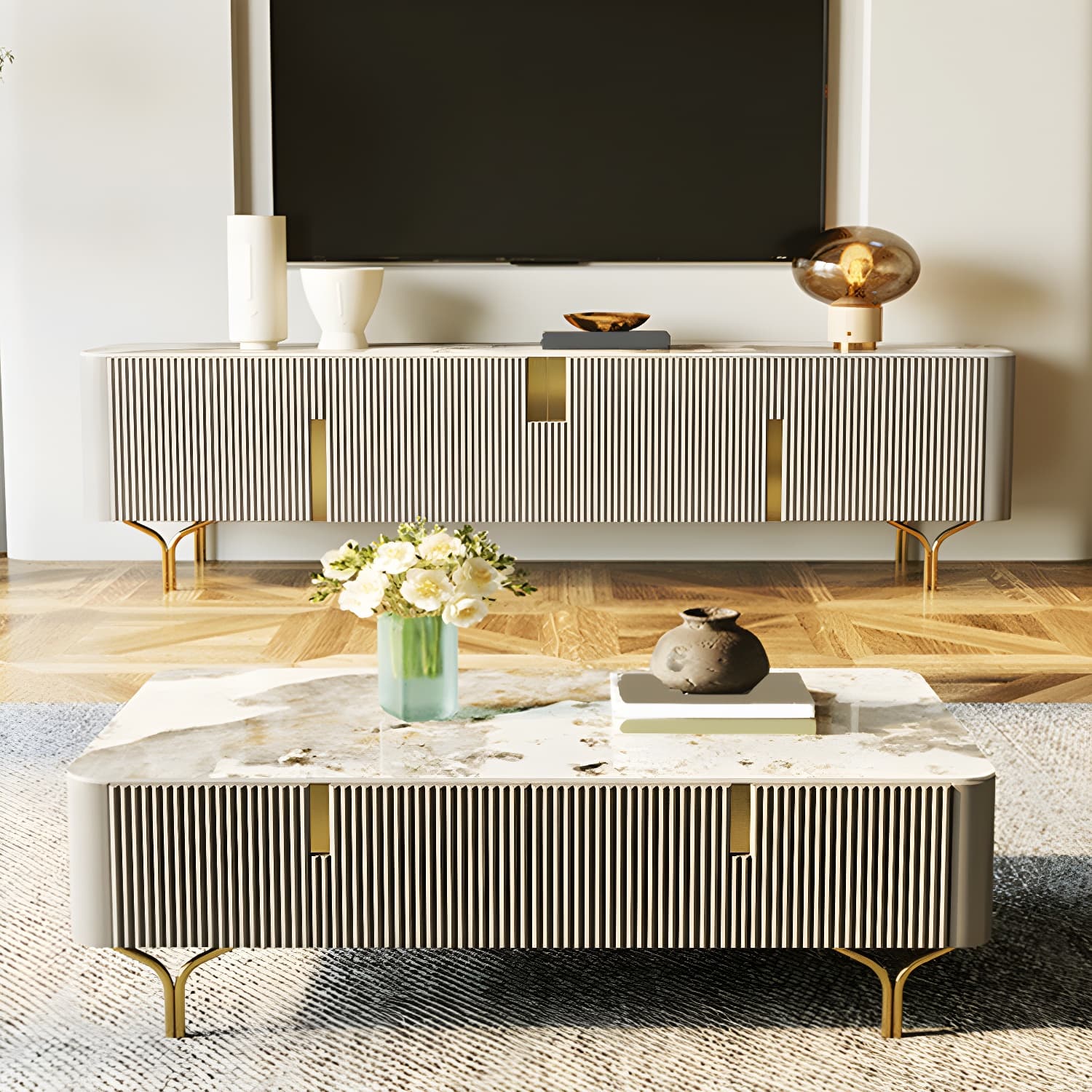 Enclosed Storage TV Stand Console Stone TV Media Console with Legs thumbnail 5