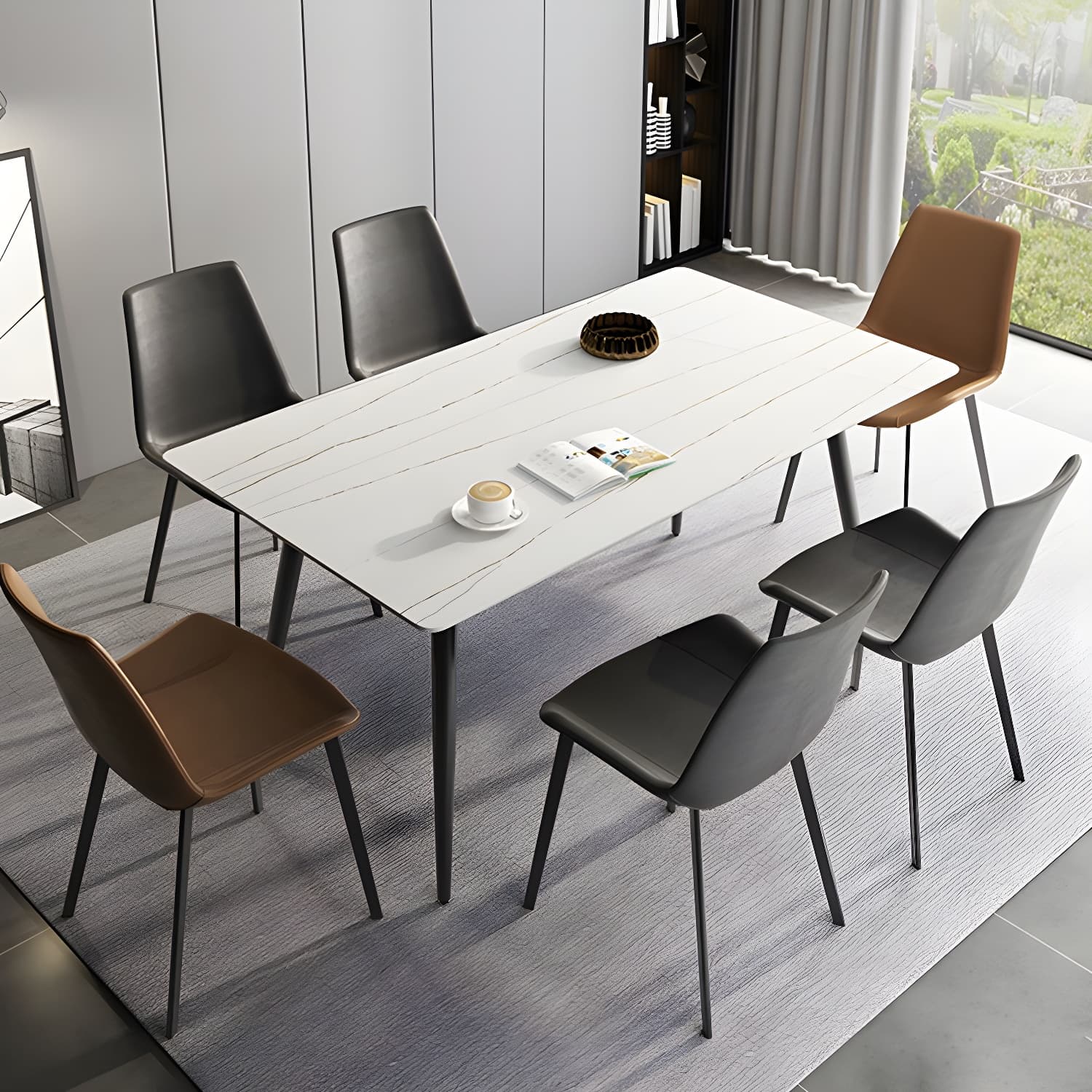 Stone Top Dining Table Rectangle Modern Dining Table with 4 Black Legs thumbnail 4