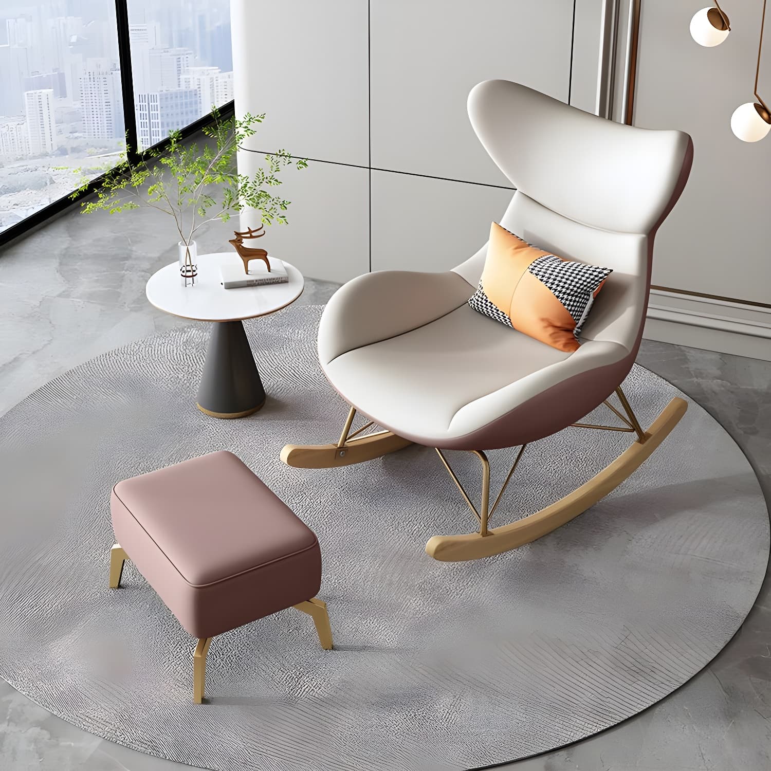 Modern Non-Scratch Armless Indoor Solid Wood Faux Leather Rocking Chair thumbnail 16