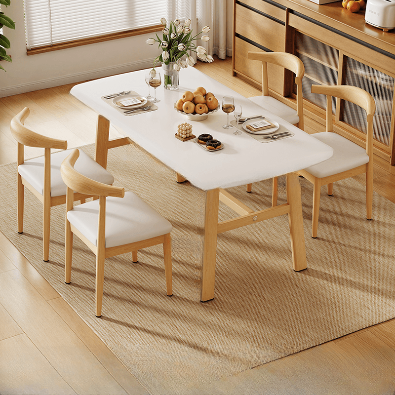 5 Pieces Chalk/Brown/Natural Dining Table Set with Wood Back Padded Chair and Natural Solid Wood Rectangular Dining Table for 4 thumbnail 3
