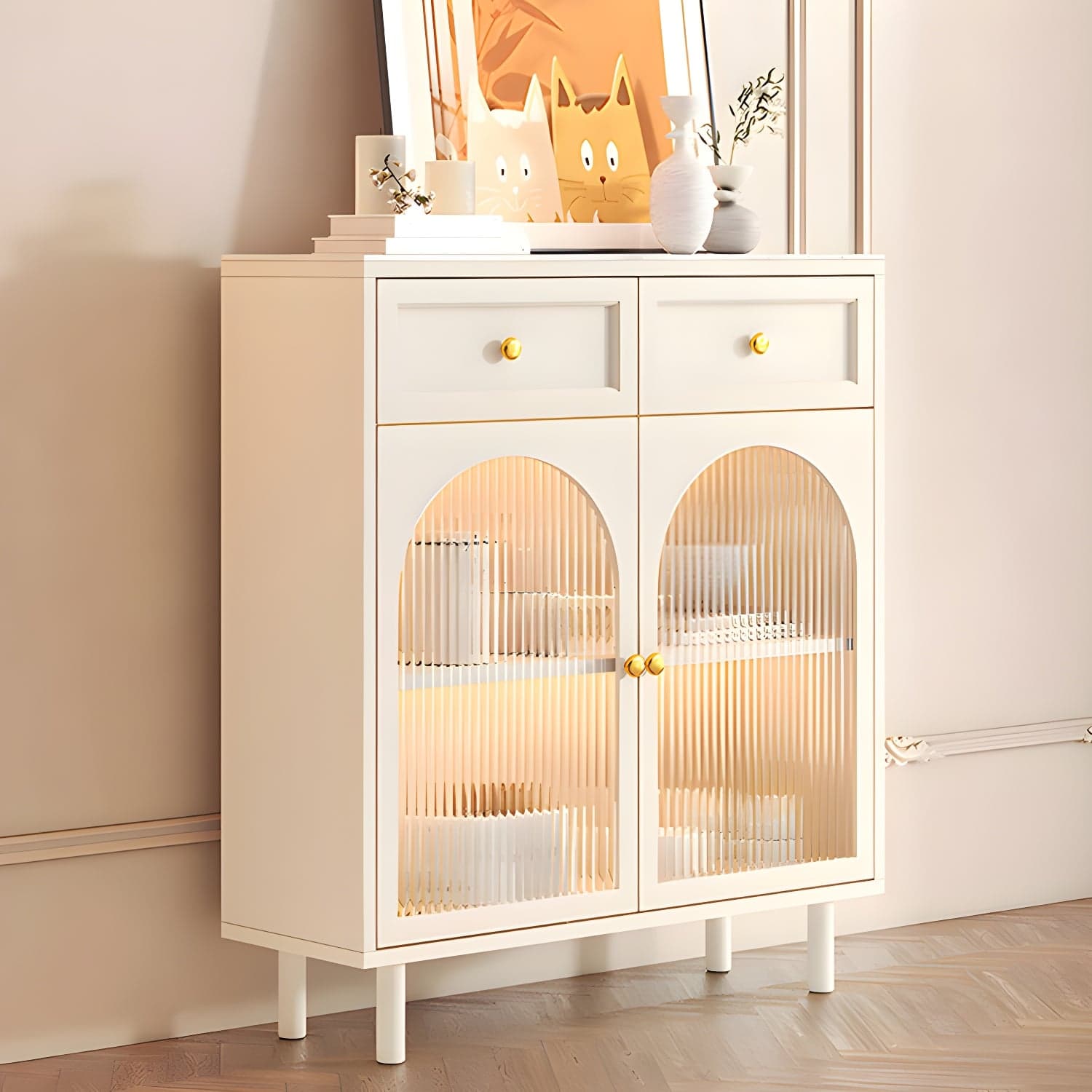 Scandinavian Wood Buffet Sideboard with Stone Countertop and Glass Doors thumbnail 3