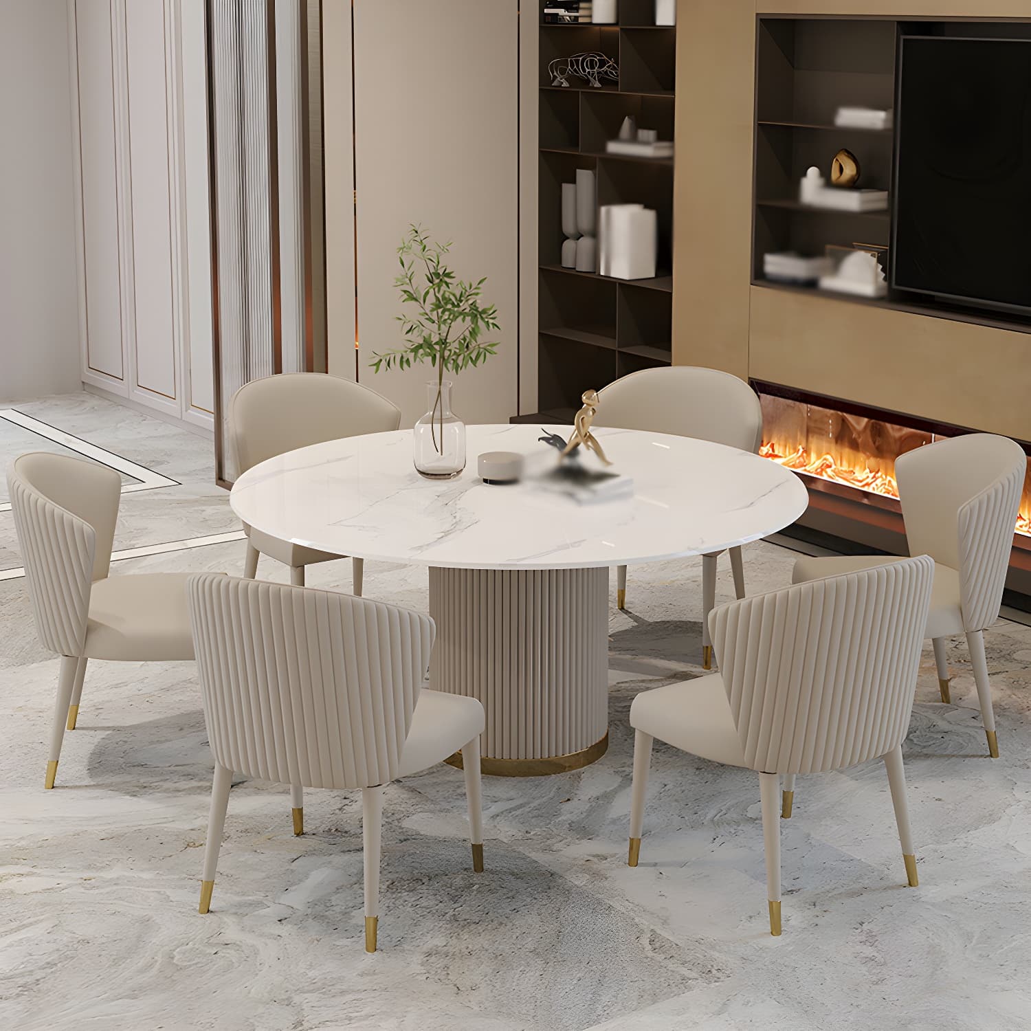 Modern 1/4/5/7 Pieces Round Dining Set Sintered Stone Dining Table Set with Leather Chairs thumbnail 1