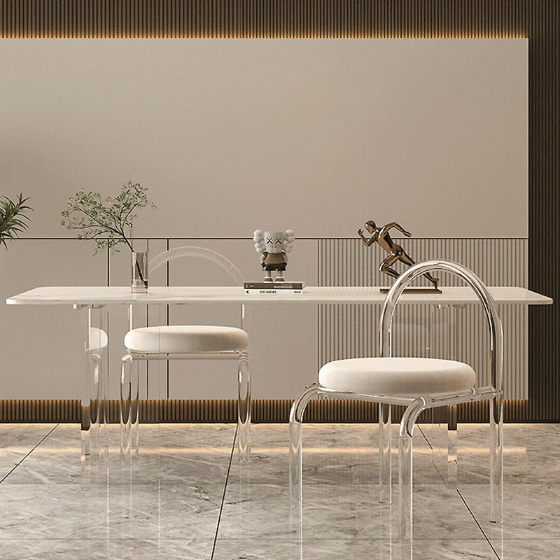 Dining Table Set with Rectangular White Slate Stone Top, Two-sided Pedestal Base, and Padded Chair with Back thumbnail 5