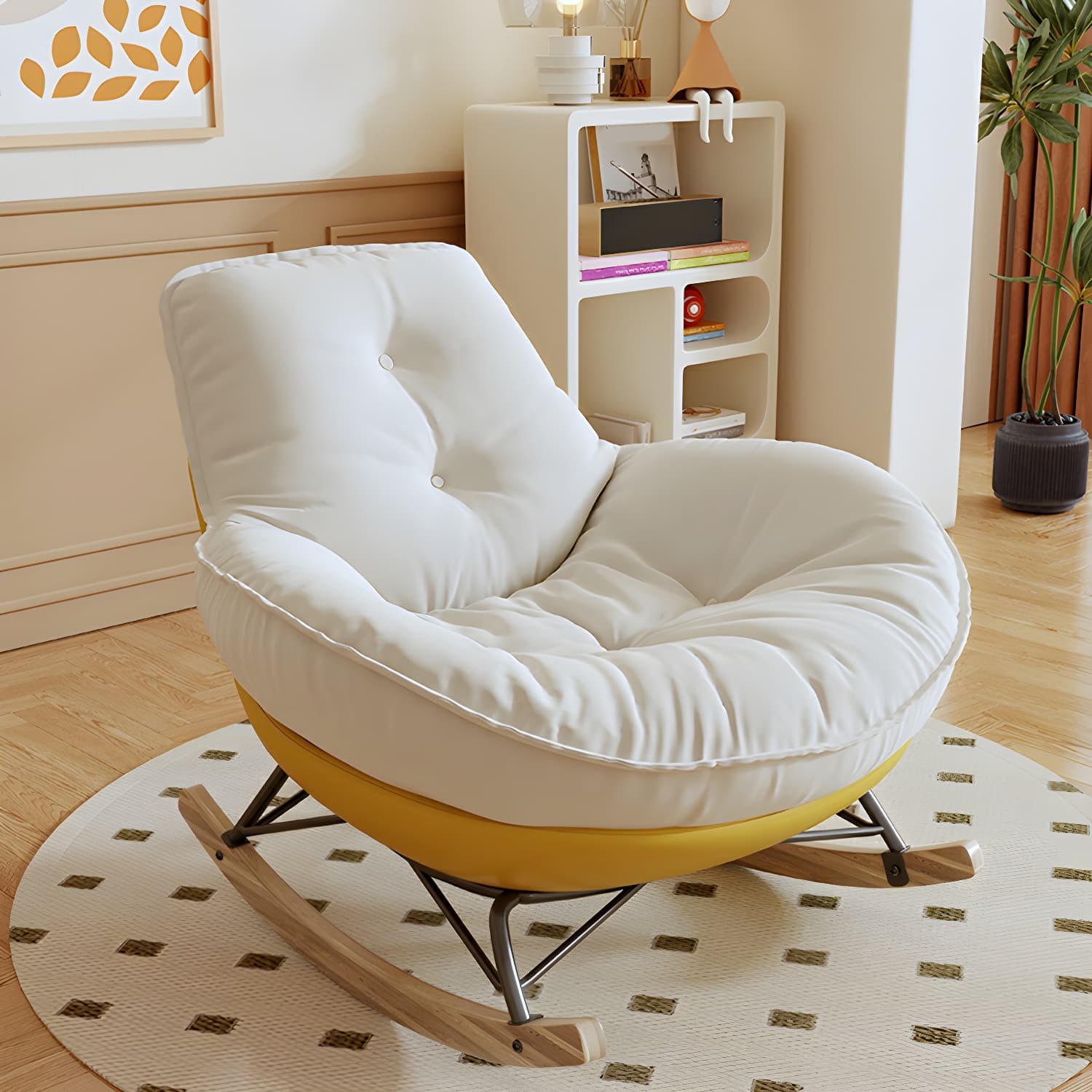 Indoor Contemporary Rocking Chair with Beige Upholstered and Wood Legs thumbnail 6