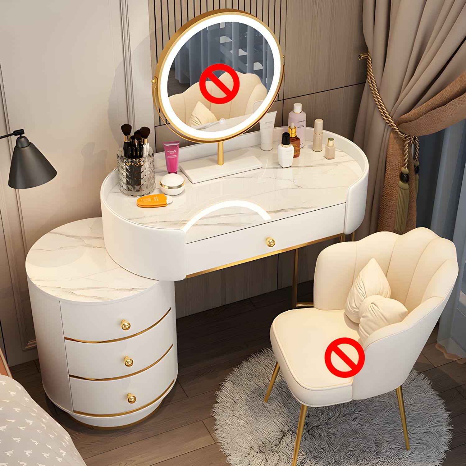 Wooden Makeup Vanity Desk Bedroom Dressing Table Stool Set with Drawer thumbnail 4