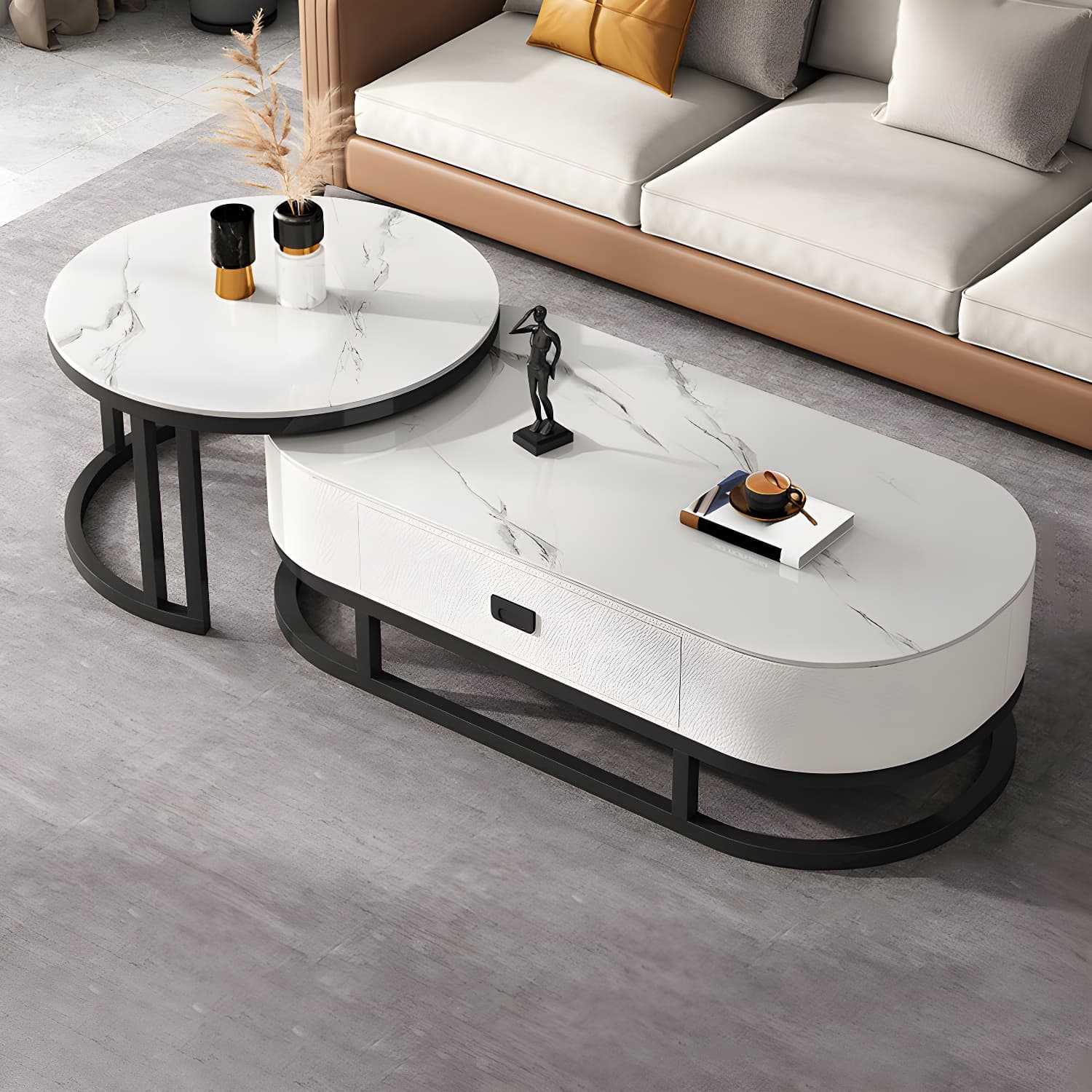 Slate Coffee Table Oval Nesting Coffee Table Set with Metal Legs thumbnail 3