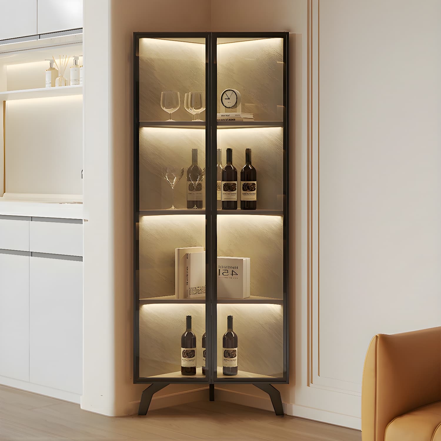Modern Corner Glass Door Accent Cabinet with Black Metal Base thumbnail 4