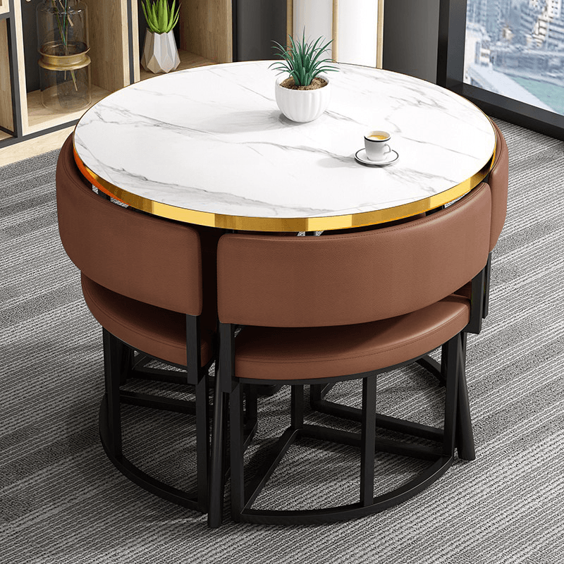 Art Deco Circular-shaped Upholstered Chair Metal & Faux Wood Dining Table Set with Upholstered Back in White, 5 Pieces thumbnail 2