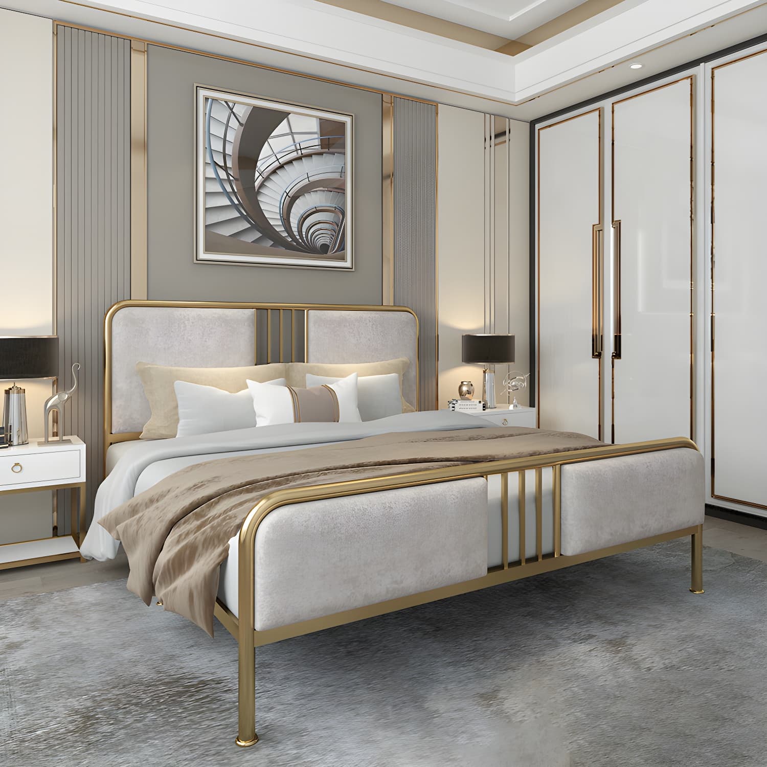 Glam Metallic Open-Frame Bed with Fabric Upholstered Headboard thumbnail 4