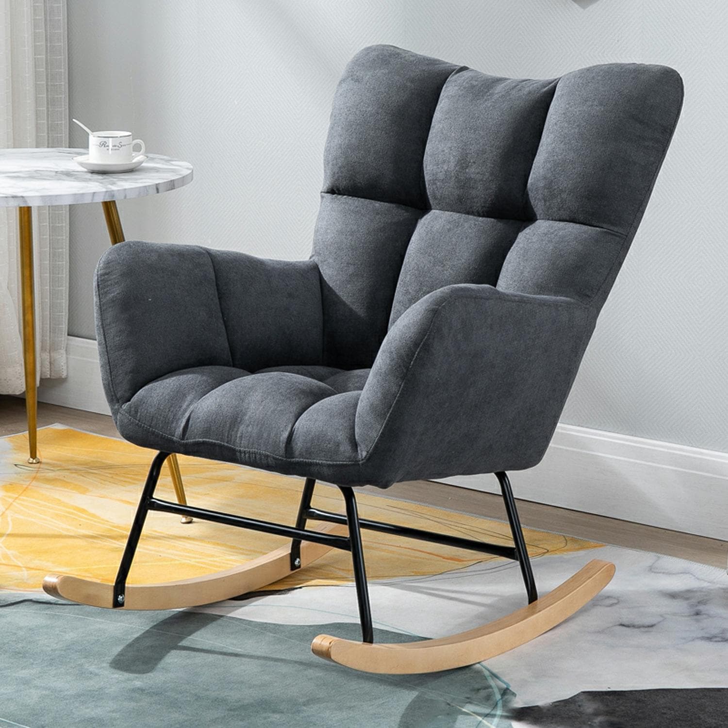 Stylish Modern Upholstered Rocking Chair with Tufted Design and Wood Legs - Support Up to 398 lbs thumbnail 4
