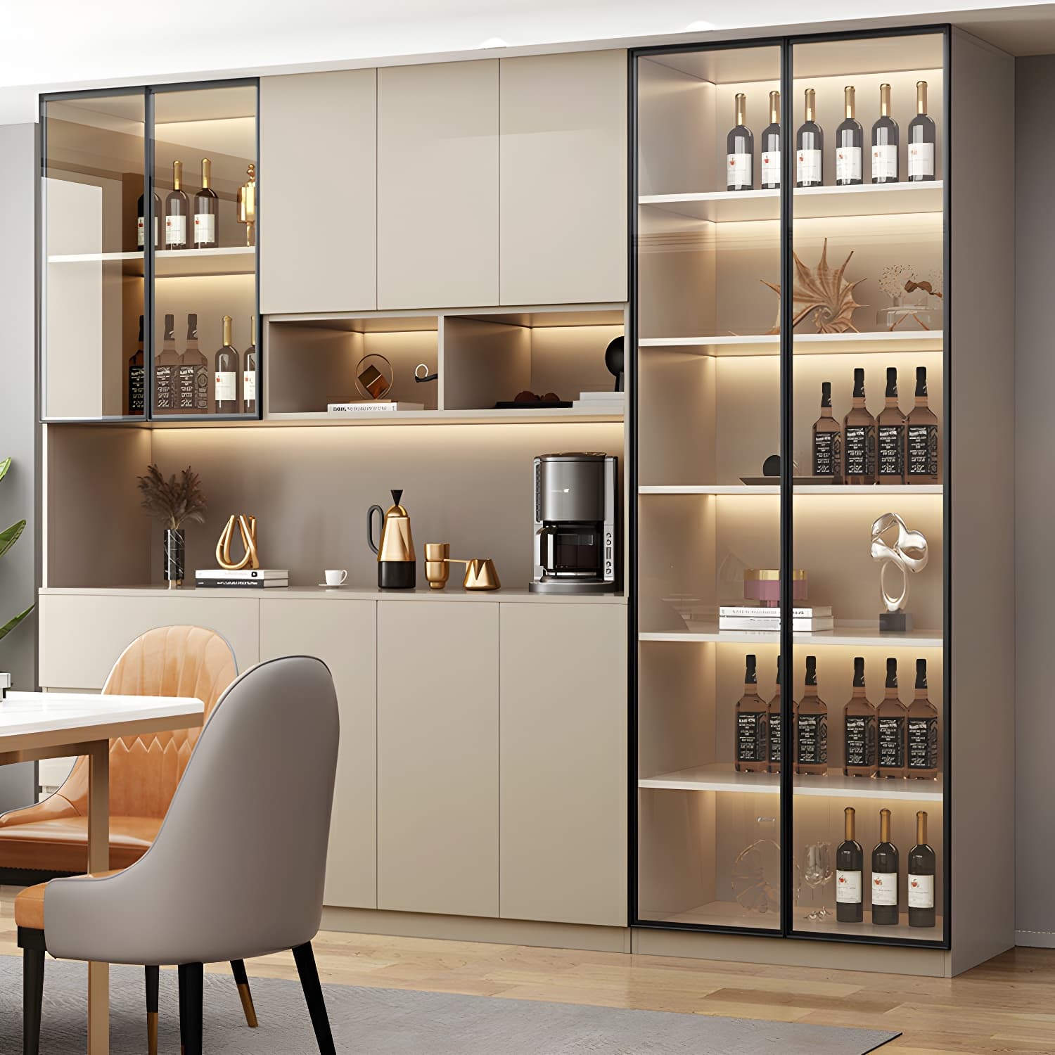 Contemporary Champagne Engineered Wood Shelves Included Sideboard with Doors