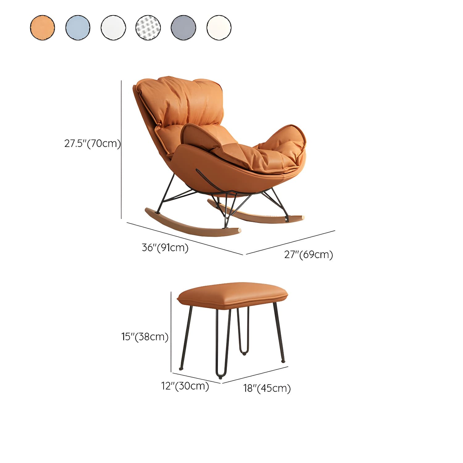 Modern Metal Rocking Chair with Upholstered Seat - Brown Legs, Removable Cushions thumbnail 16