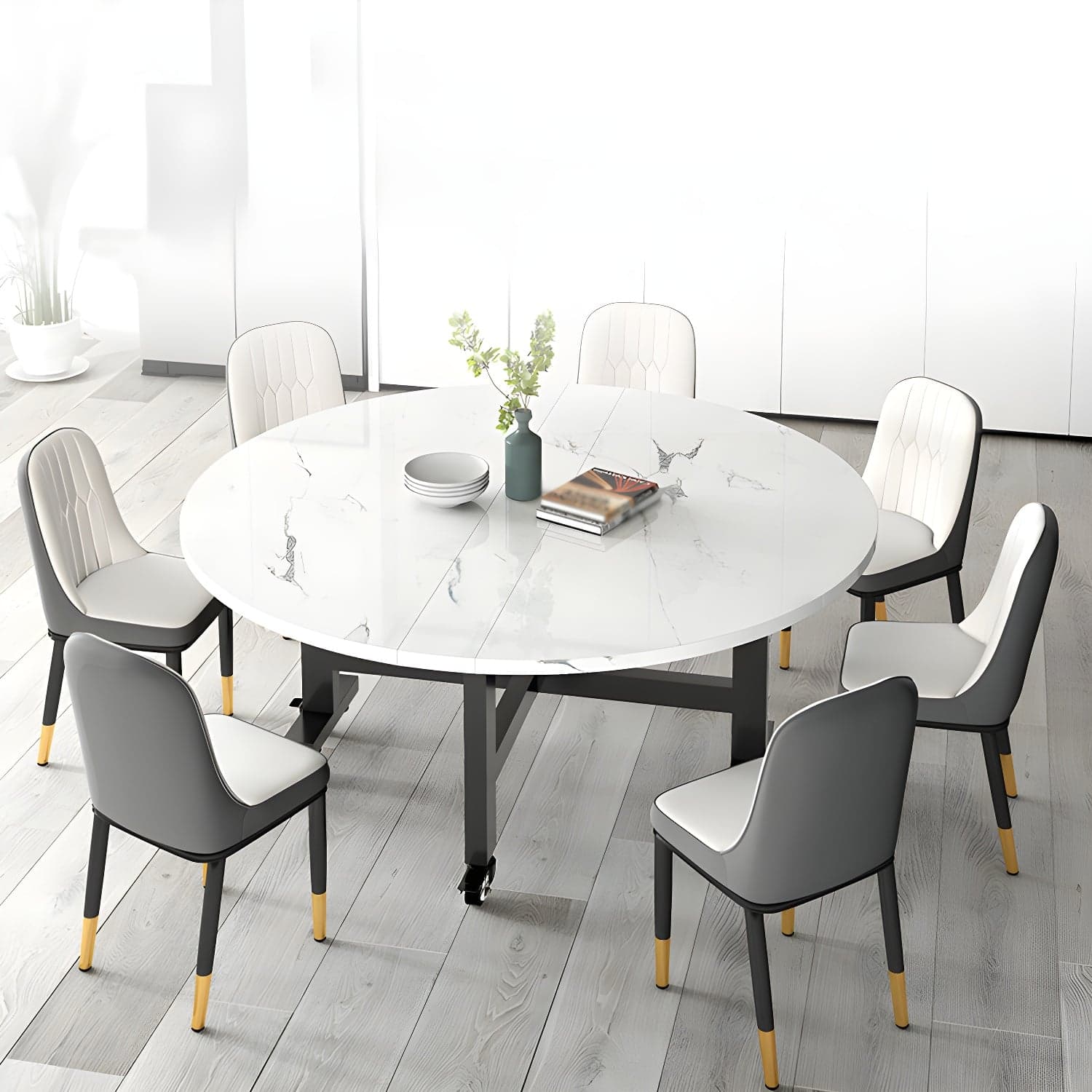 Mid-Century Round Shape Table MDF Folding Standard Dining Table for Kitchen thumbnail 2