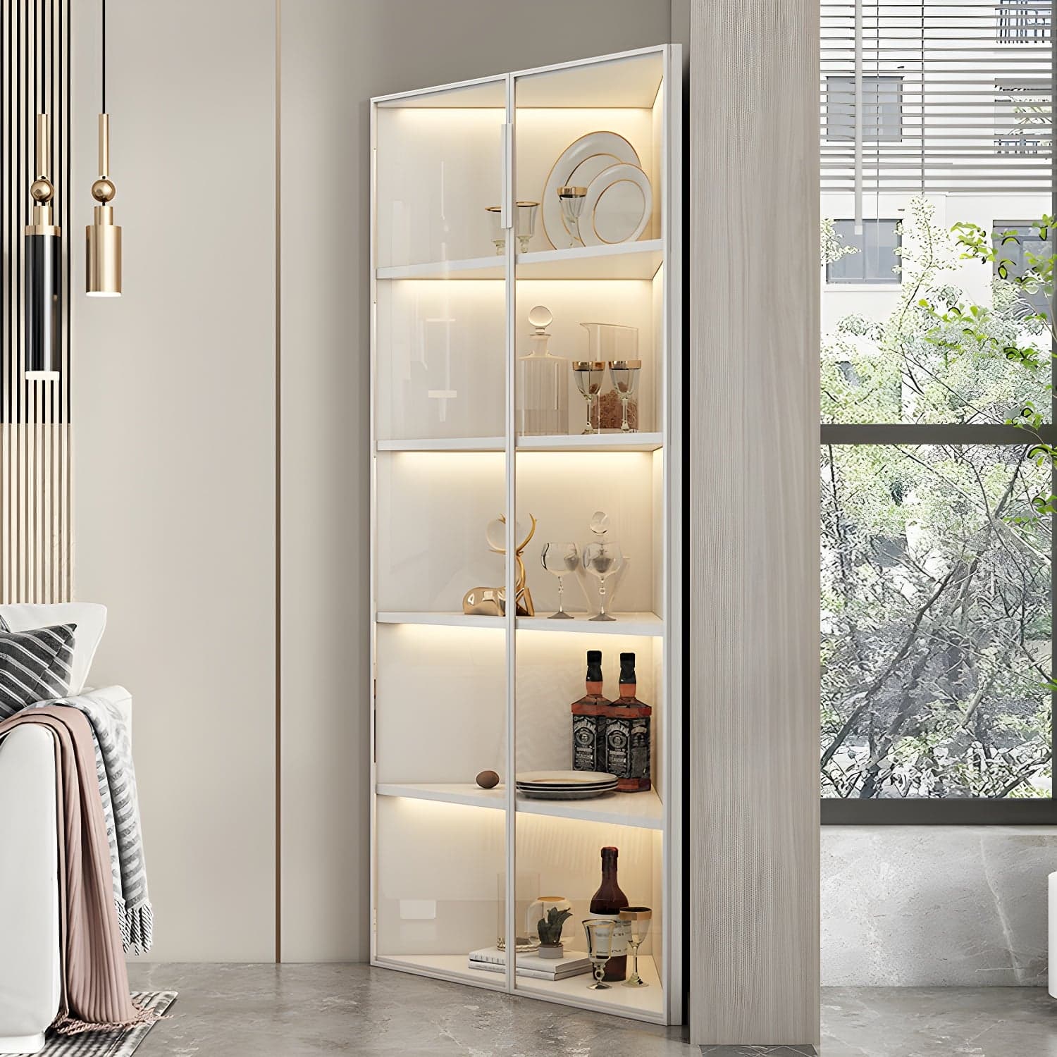 Wood Glass Paned Modern Corner Accent Cabinet for Living Room thumbnail 3