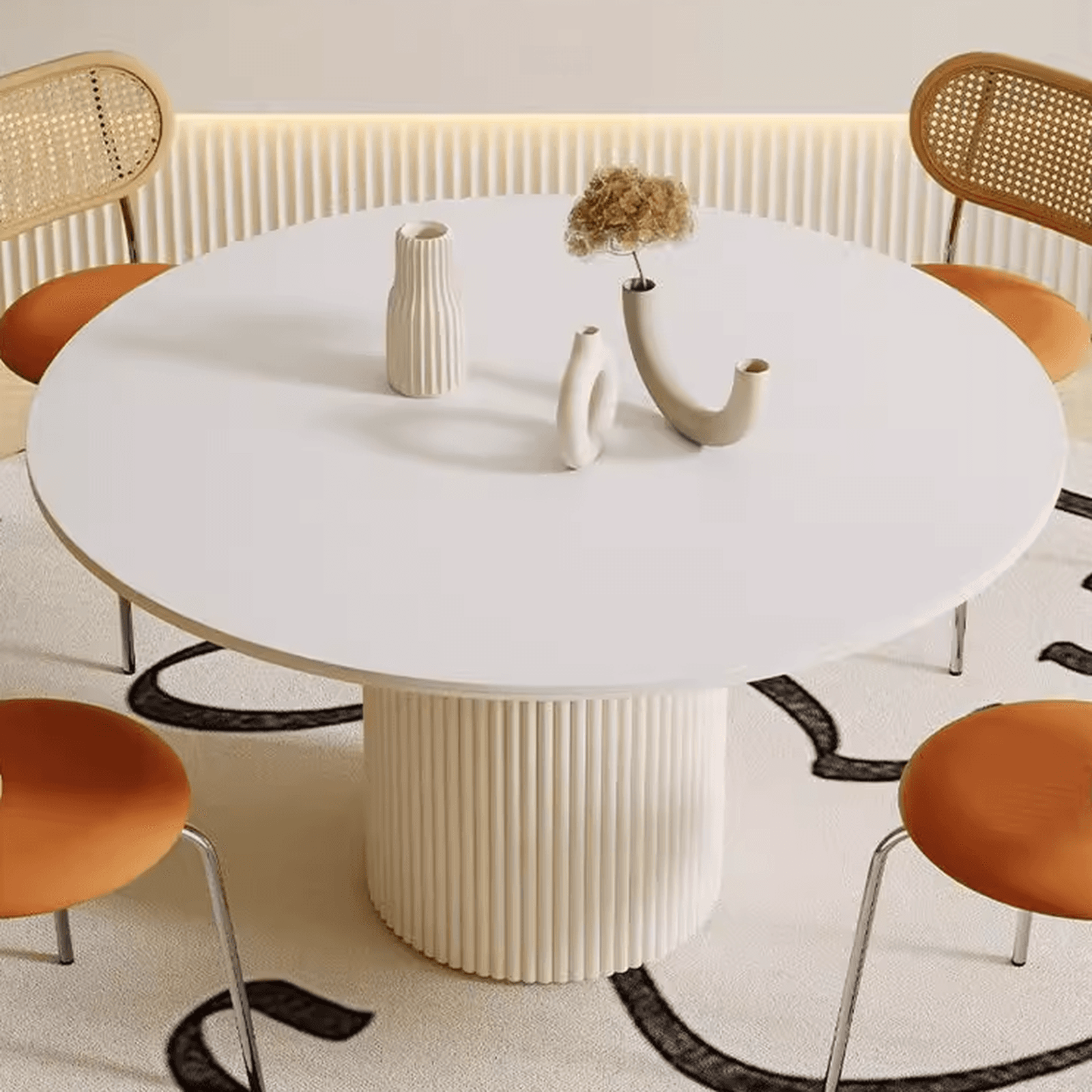 Minimalist Sintered Stone Rounded Fixed Dining Table with Single Ribbed Leg for 2 People/for 4 thumbnail 9