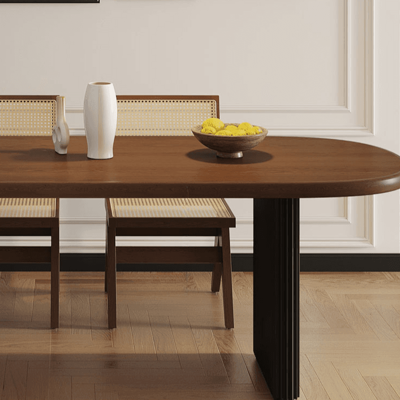 Minimalist Peninsula Dining Table Set with Wood Slab Top, Two-sided Pedestal Base, Fixed Table in Auburn thumbnail 5