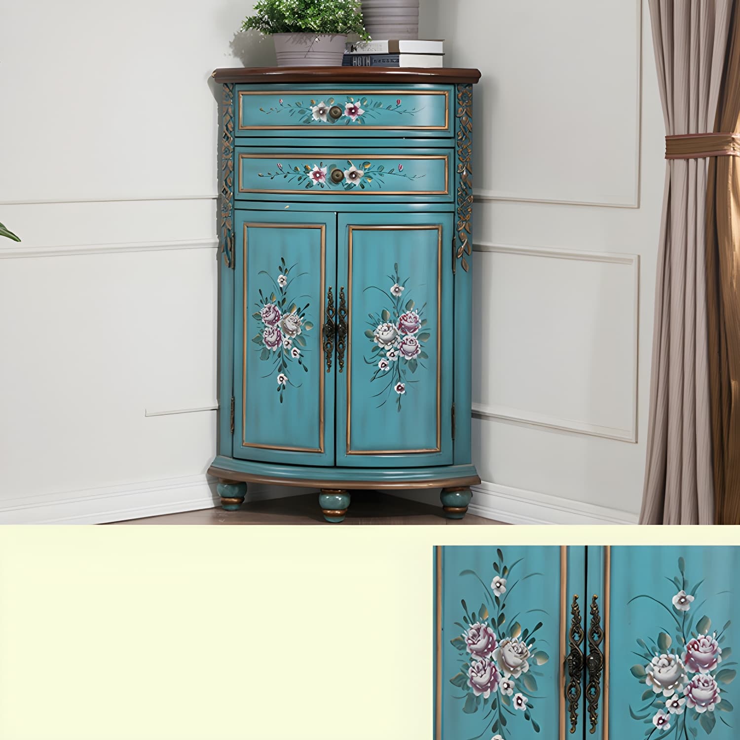Traditional Bar Pulls Solid Wood Corner Accent Cabinet with Doors thumbnail 11