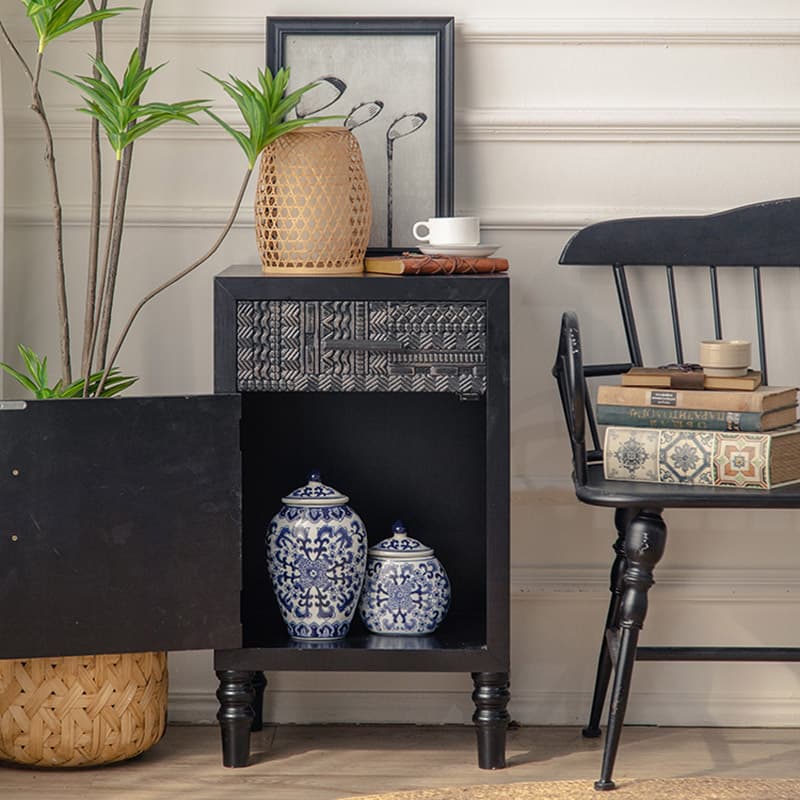 Modern Black Wood Console Cabinet with Cubby Storage and Wood Scoring & Rub Through Detailings thumbnail 10