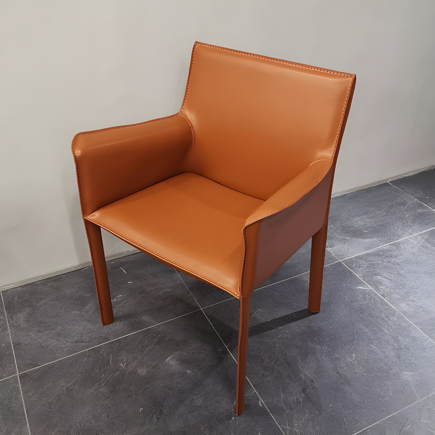 Designer Style Home Saddle Leather Arm Chair Matte Finish Solid Back Single Dining Chair thumbnail 8