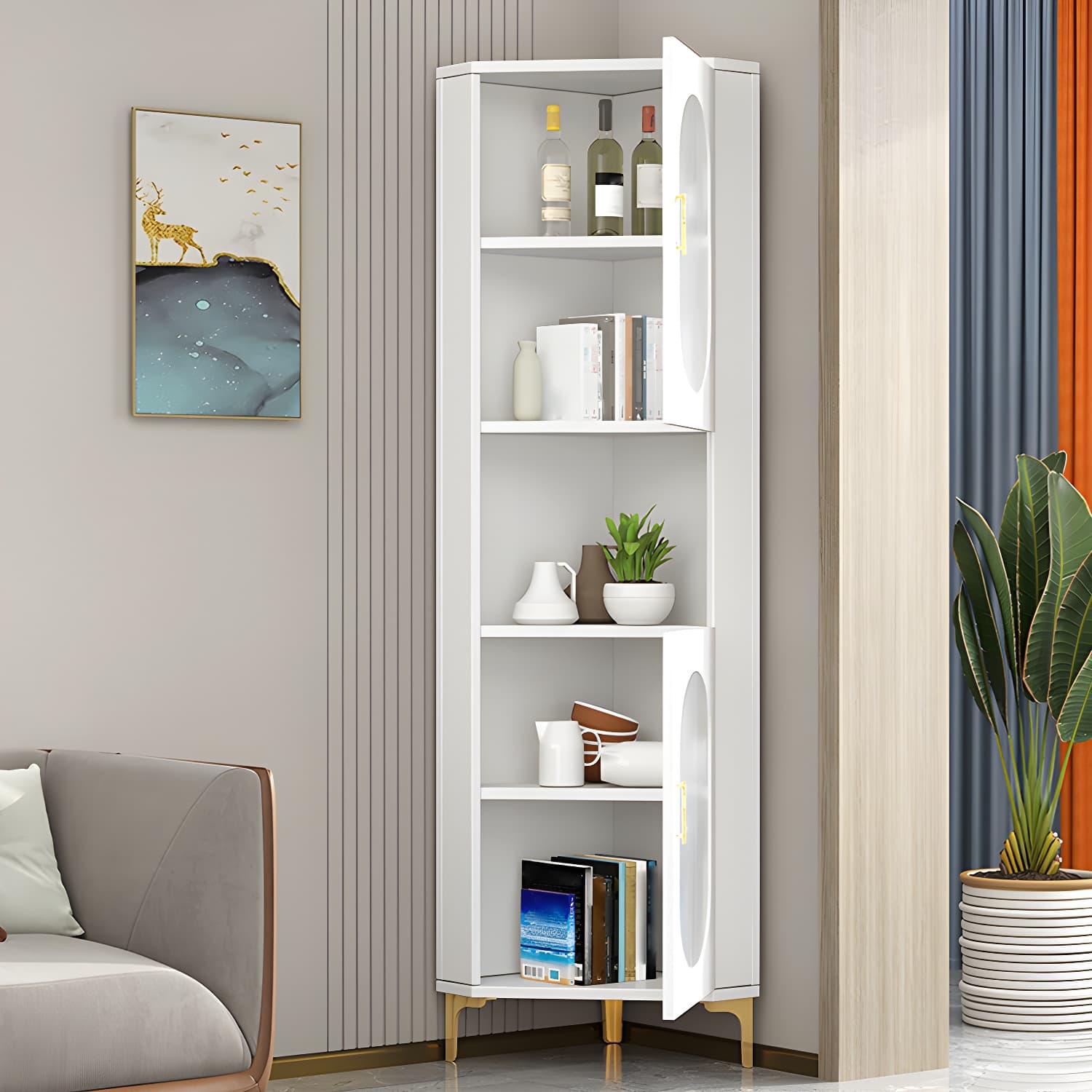 Gold Corner Modern Accent Cabinet with Glass Doors and Exterior Shelving thumbnail 3