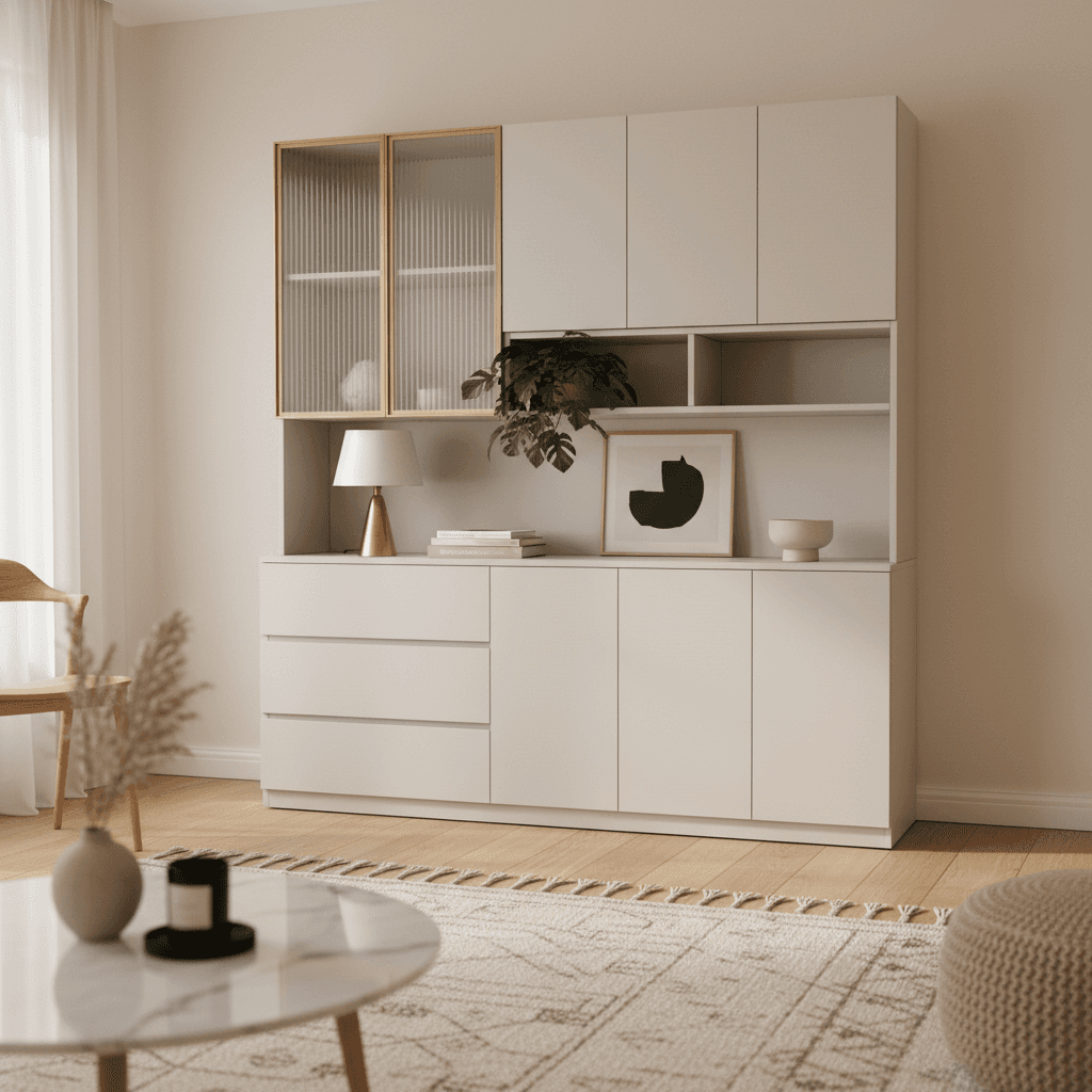 Trendy Sideboard with 3 Drawers, Cupboard, Wide/Standard/Narrow Sizes, 2/1 Shelves, Cabinets, and Glass-panel Door thumbnail 33